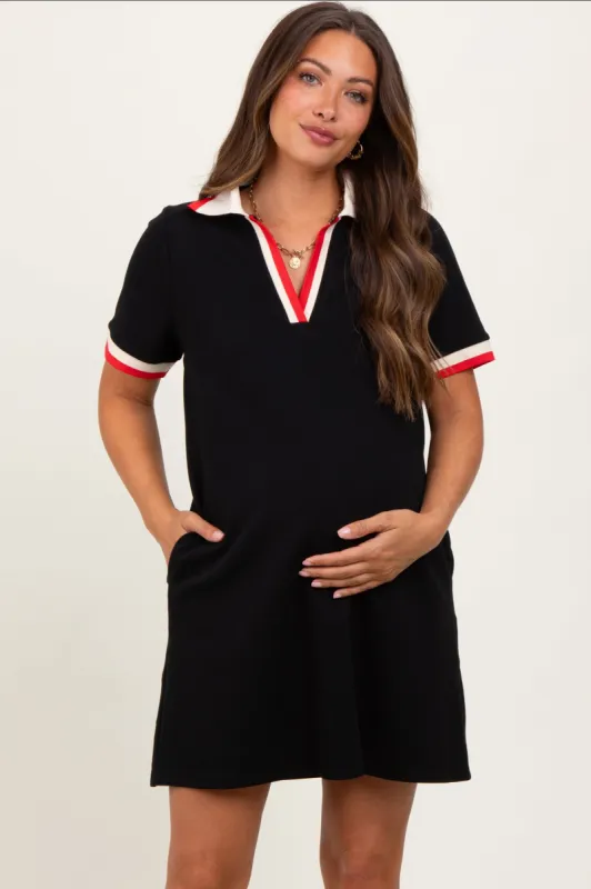 Black Contrast Trim Maternity Mini Polo Dress sold by Pinkblush