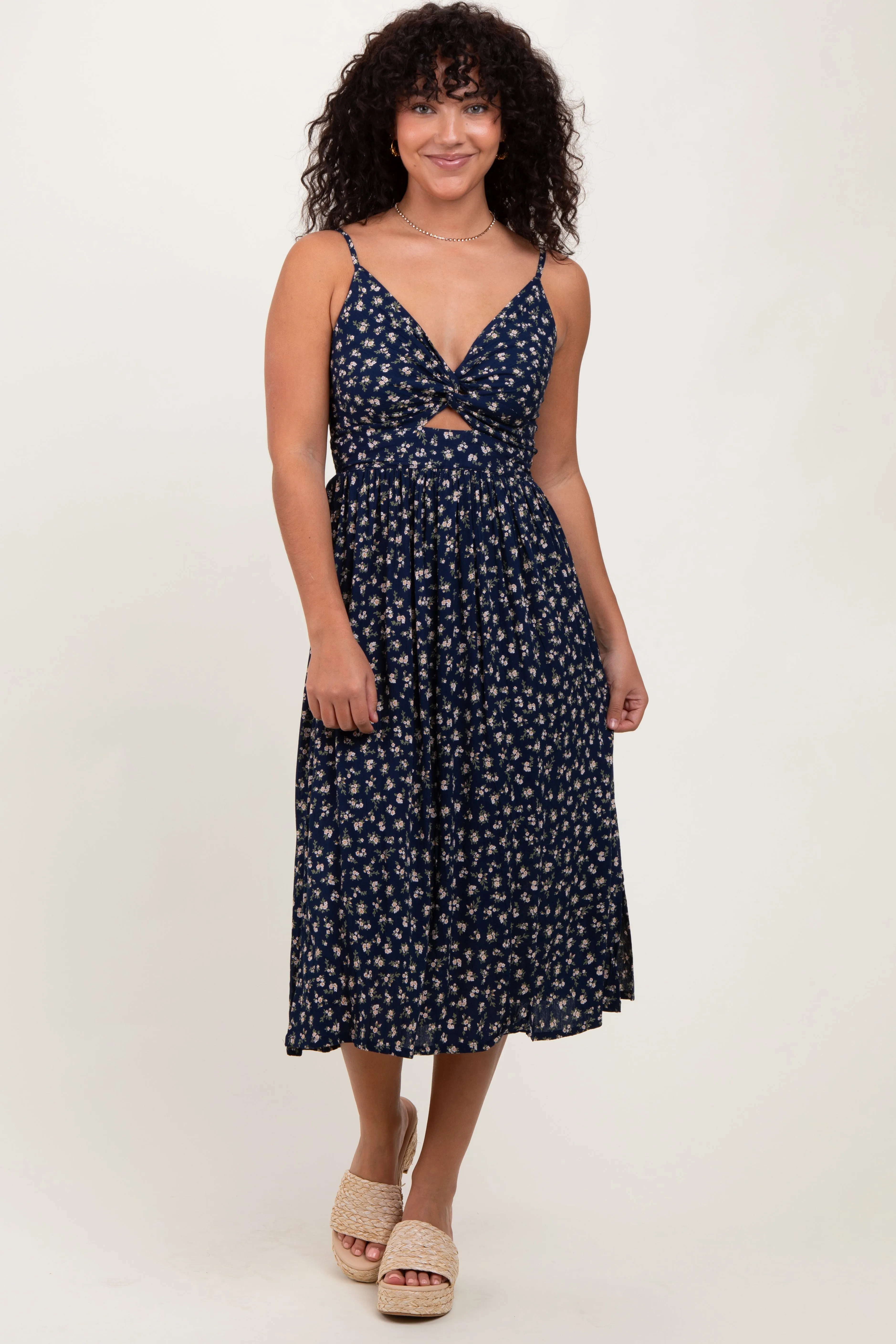 Navy Floral Twist Front Cut Out Maternity Midi Dress sold by Pinkblush product image thumbnail 4