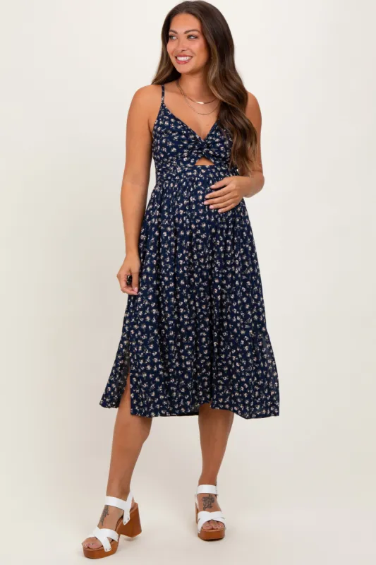 Navy Floral Twist Front Cut Out Maternity Midi Dress sold by Pinkblush
