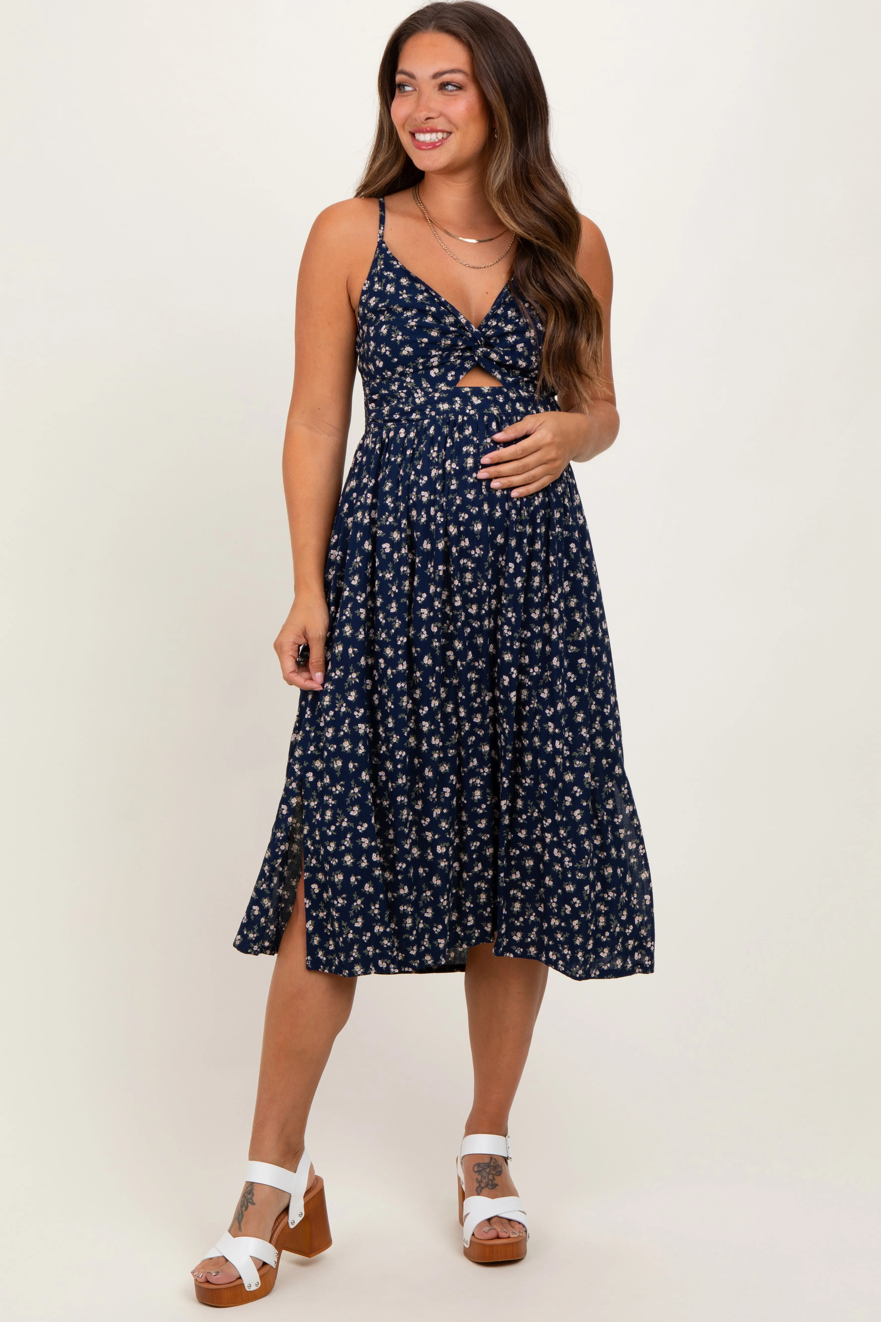 Navy Floral Twist Front Cut Out Maternity Midi Dress sold by Pinkblush