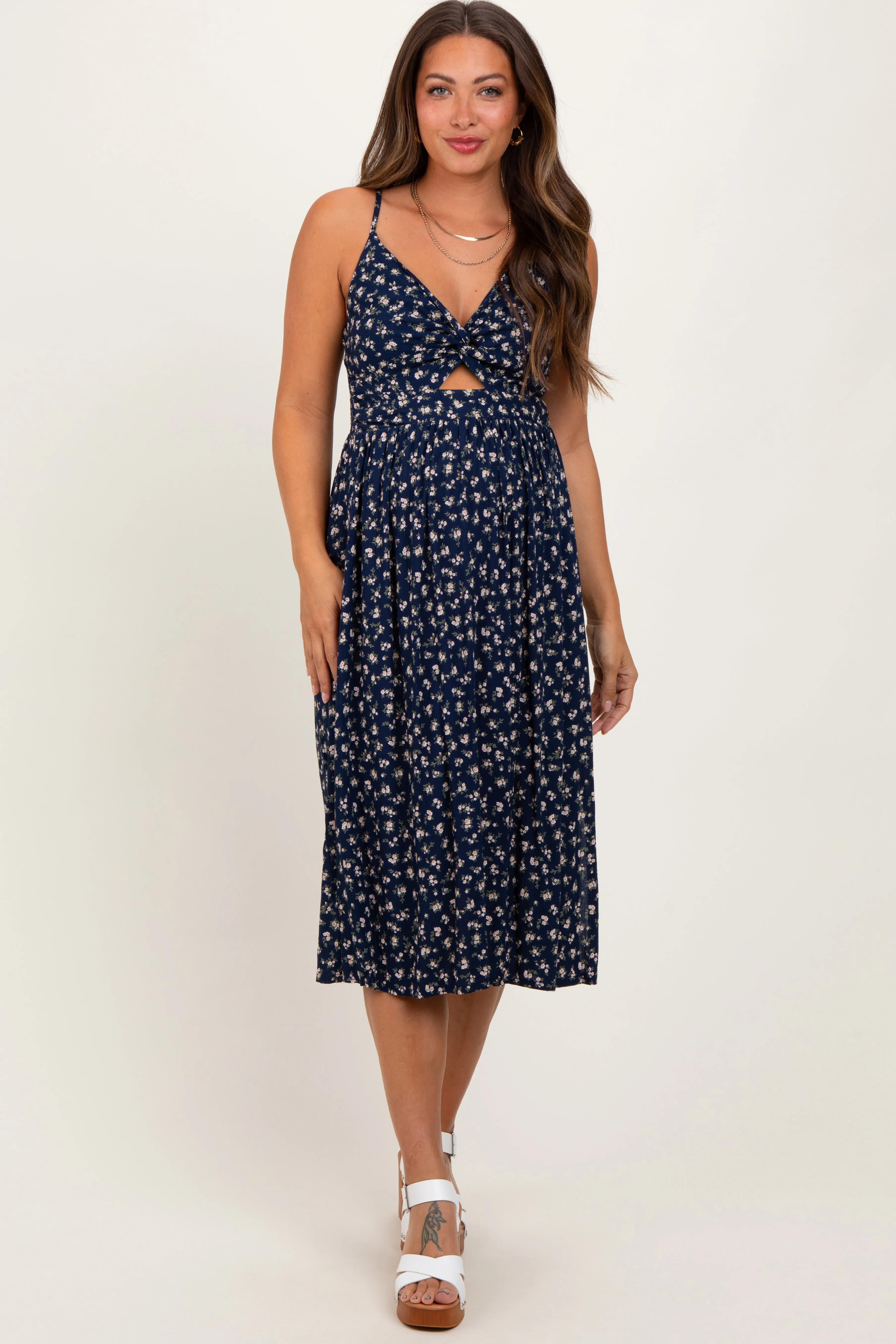 Navy Floral Twist Front Cut Out Maternity Midi Dress sold by Pinkblush product image thumbnail 2