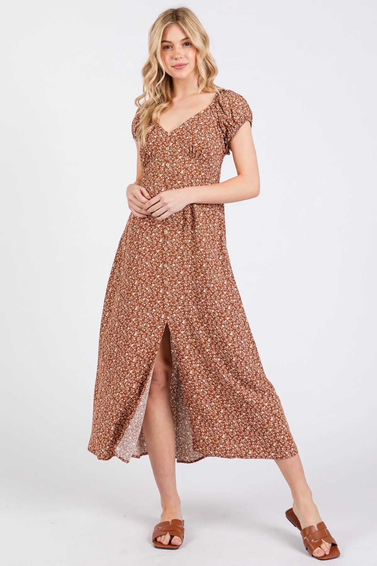Rust Floral V-Neck Button Front Midi Dress sold by Pinkblush product image thumbnail 2