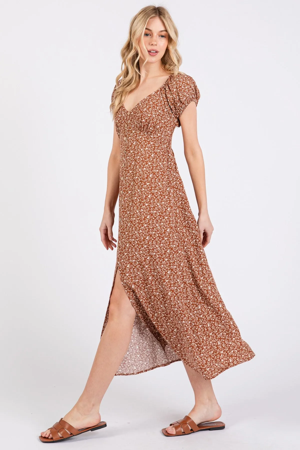 Rust Floral V-Neck Button Front Midi Dress sold by Pinkblush product image thumbnail 3