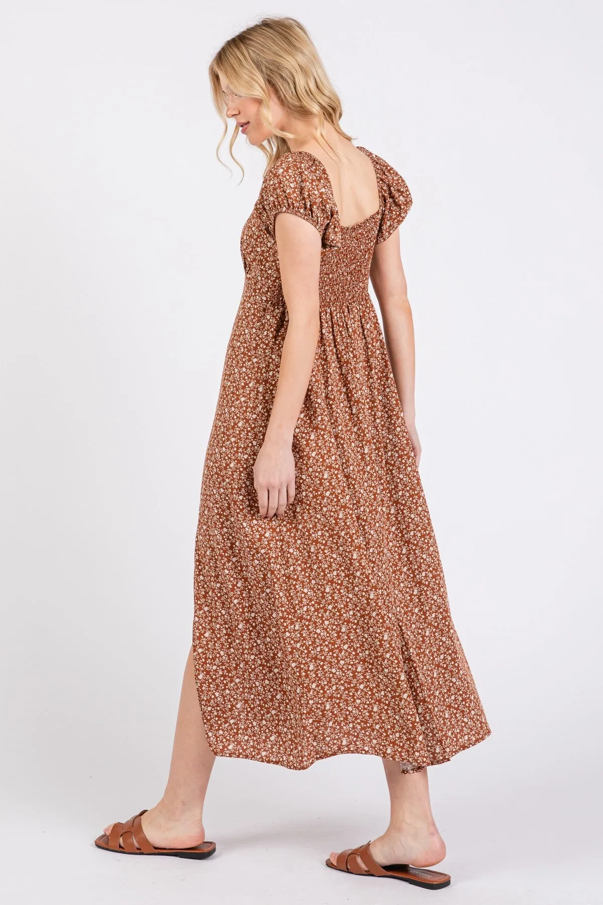 Rust Floral V-Neck Button Front Midi Dress sold by Pinkblush product image thumbnail 4