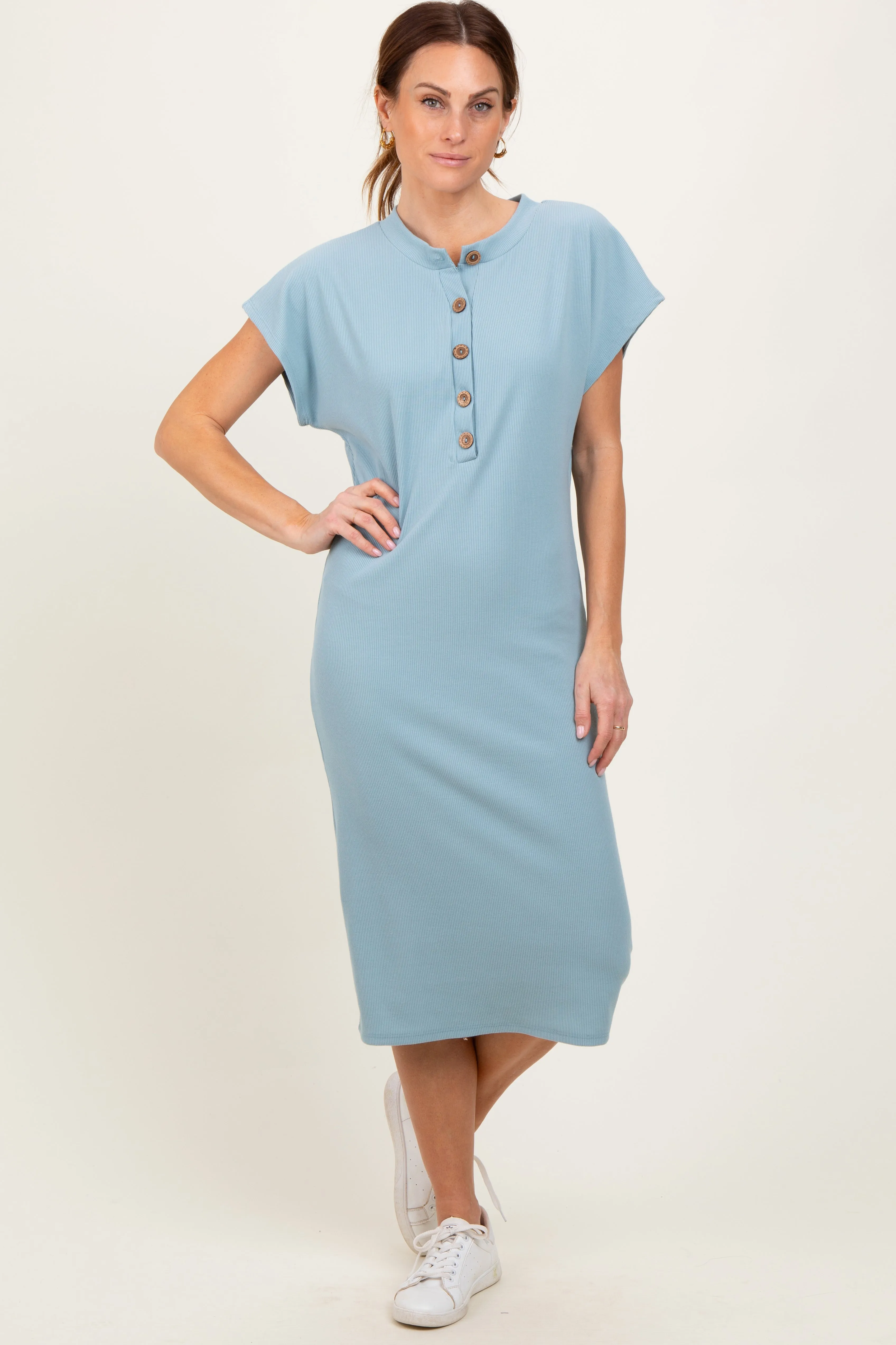 Blue Solid Ribbed Short Sleeve Button Down Knit Midi Dress sold by Pinkblush product image thumbnail 2