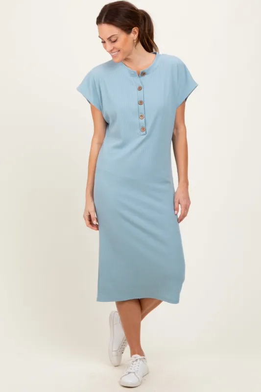 Blue Solid Ribbed Short Sleeve Button Down Knit Midi Dress sold by Pinkblush