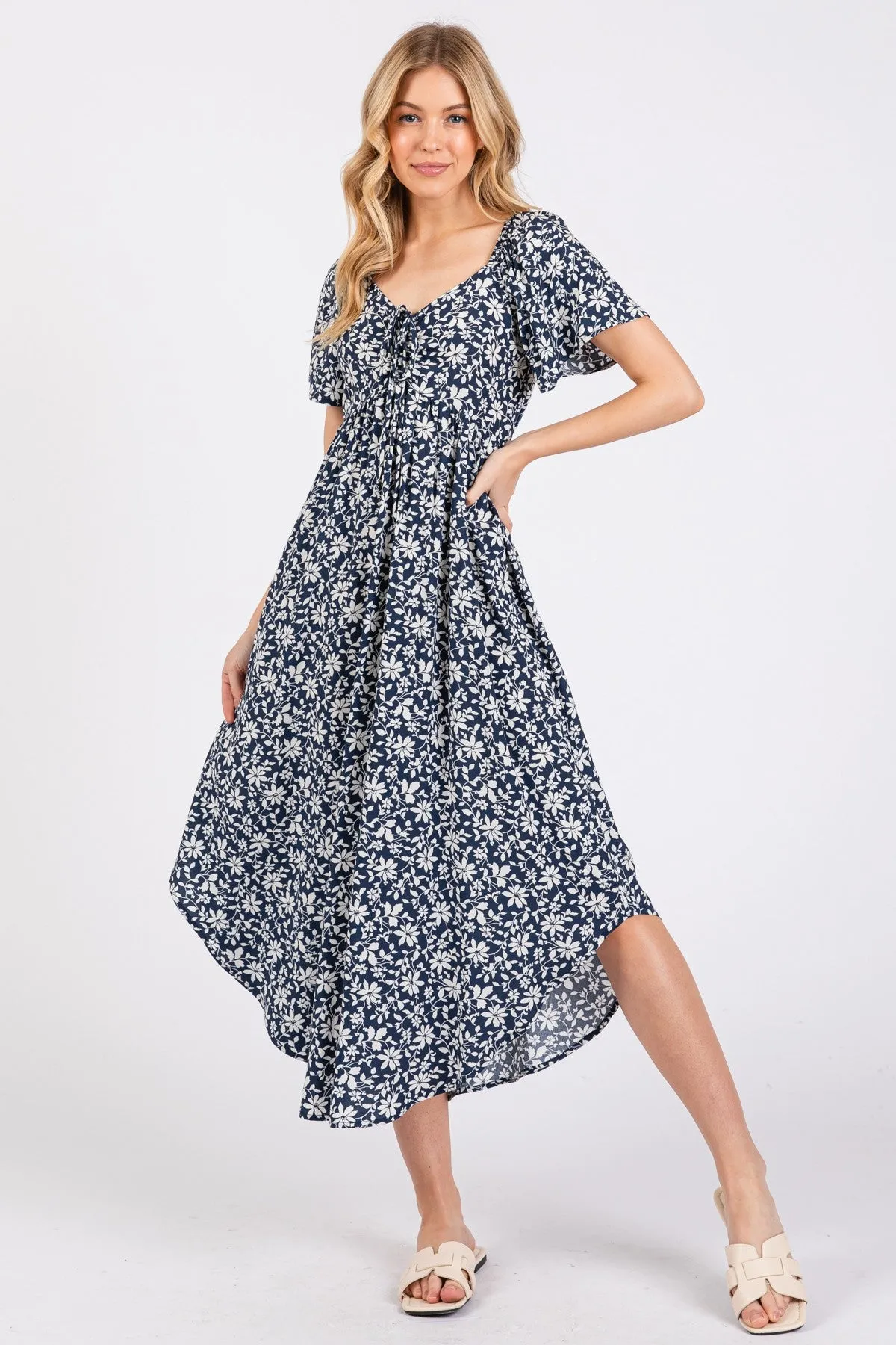 Navy Blue Floral Ruched Tie Front Midi Dress sold by Pinkblush