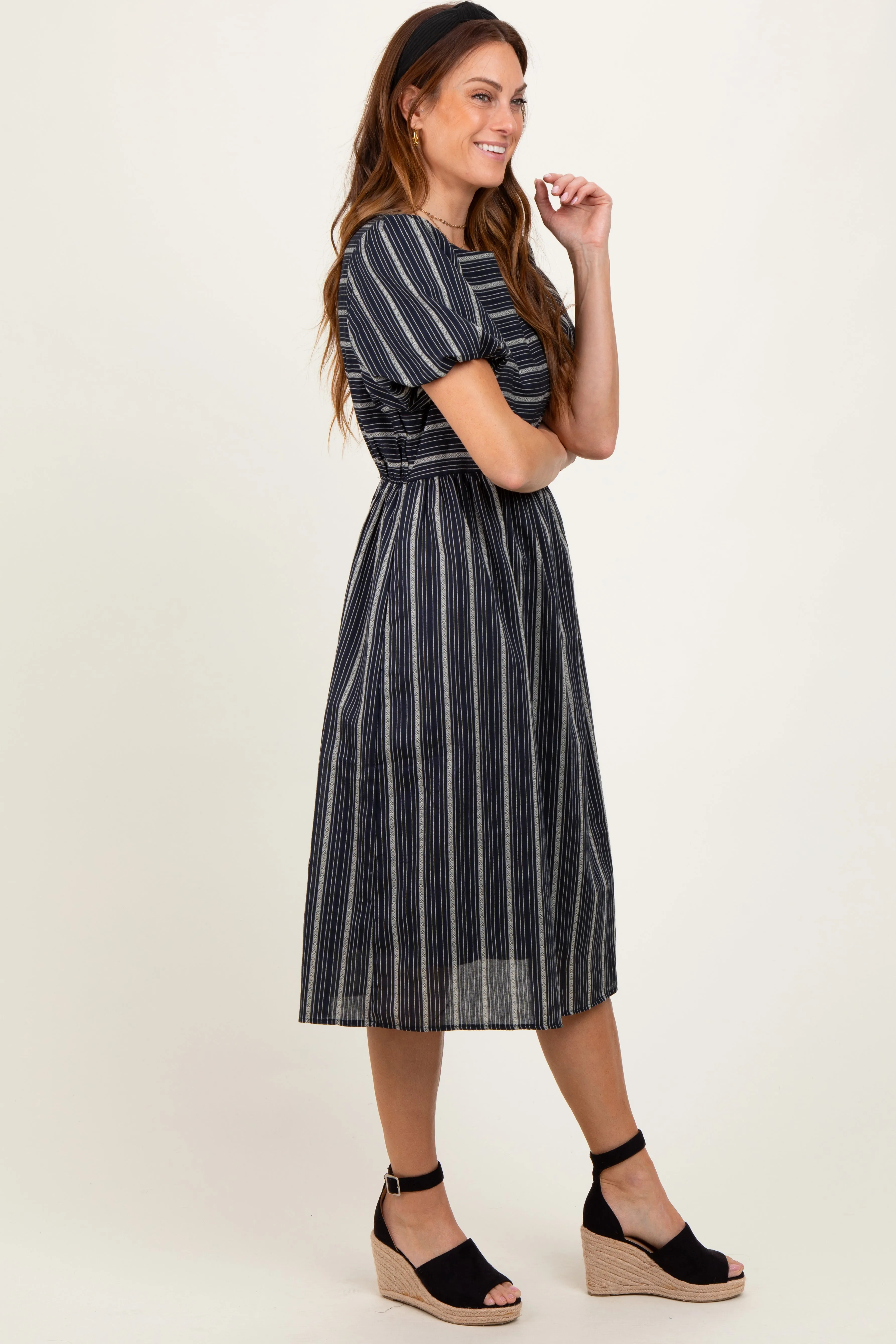 Navy Blue Striped Short Sleeve Midi Dress sold by Pinkblush product image thumbnail 2