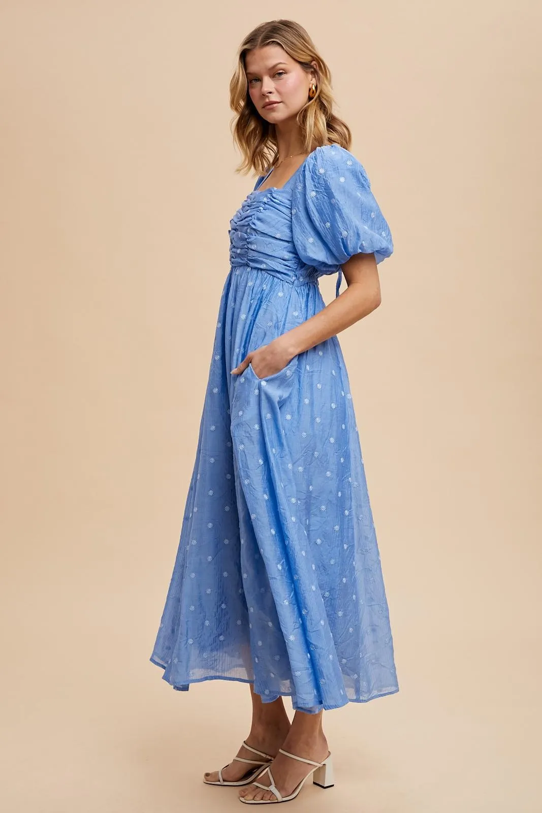 Blue Embroidered Shirred Puff Sleeve Maxi Dress sold by Pinkblush product image thumbnail 3
