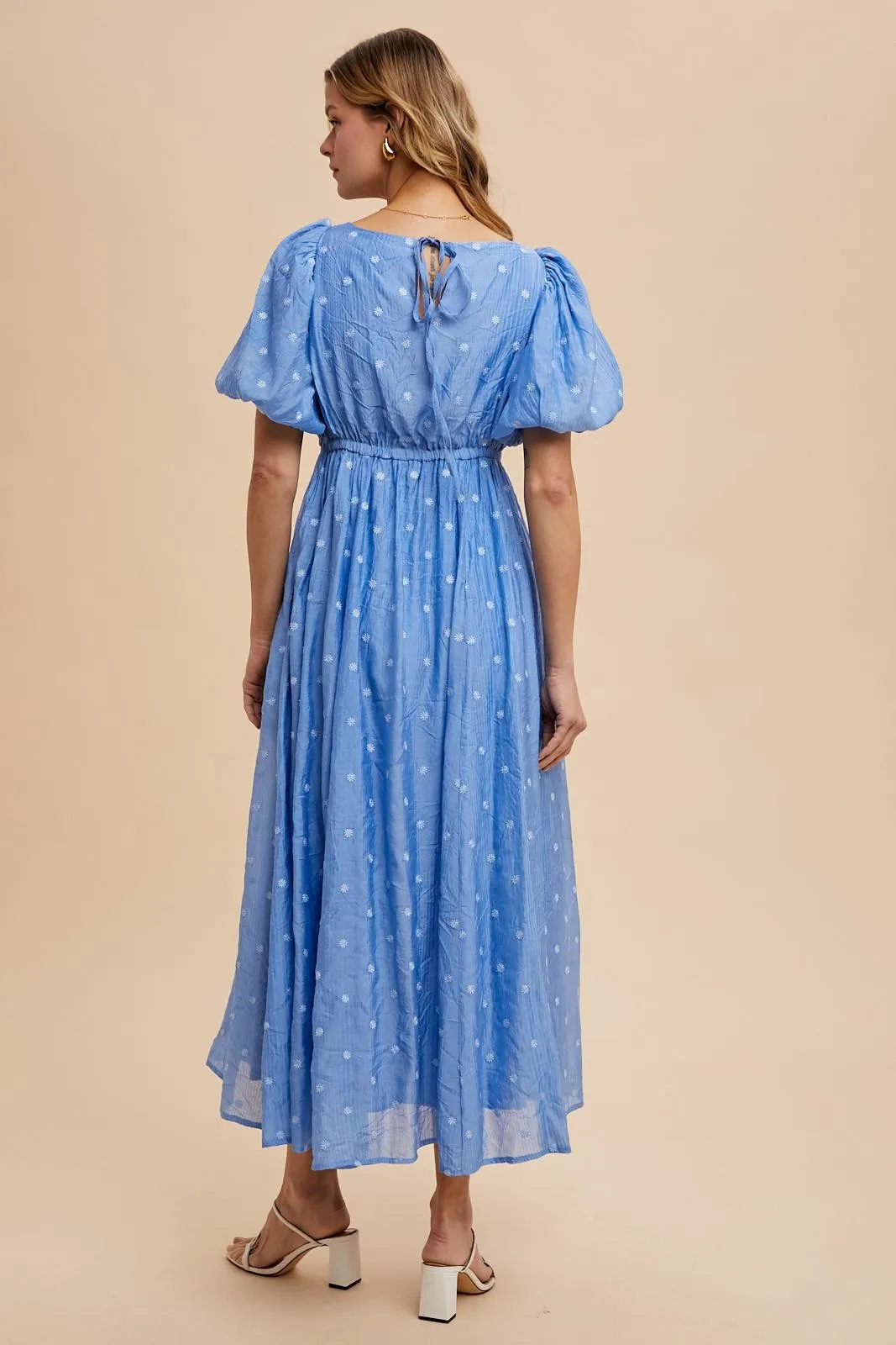 Blue Embroidered Shirred Puff Sleeve Maxi Dress sold by Pinkblush product image thumbnail 4