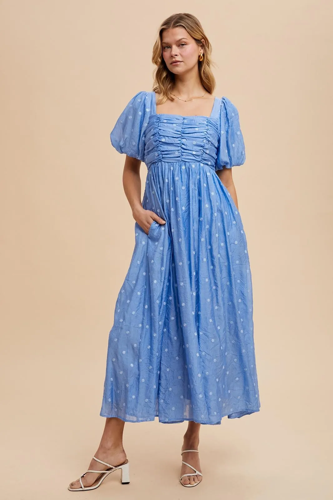 Blue Embroidered Shirred Puff Sleeve Maxi Dress sold by Pinkblush