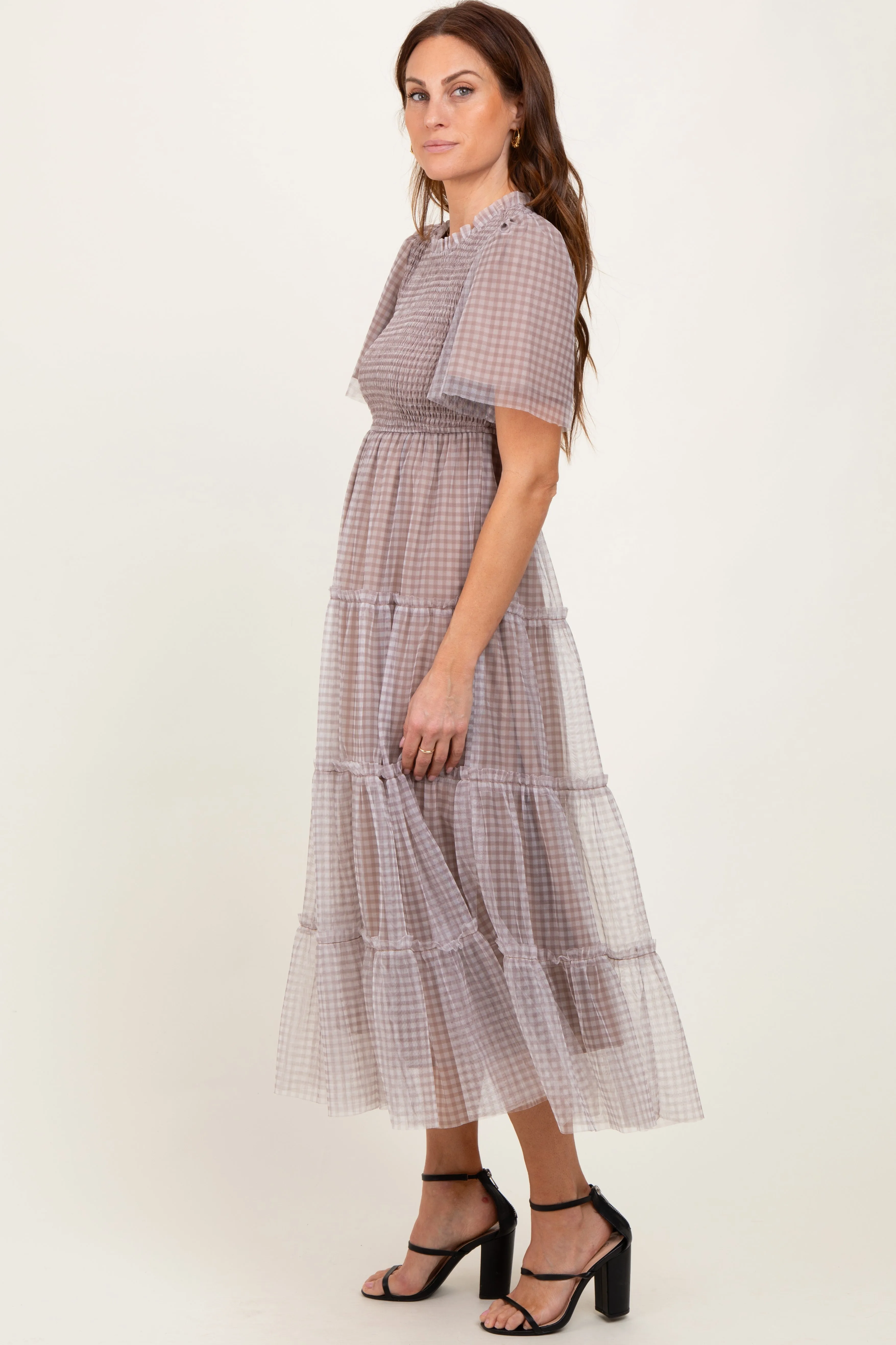 Grey Gingham Mesh Tiered Midi Dress sold by Pinkblush product image thumbnail 3