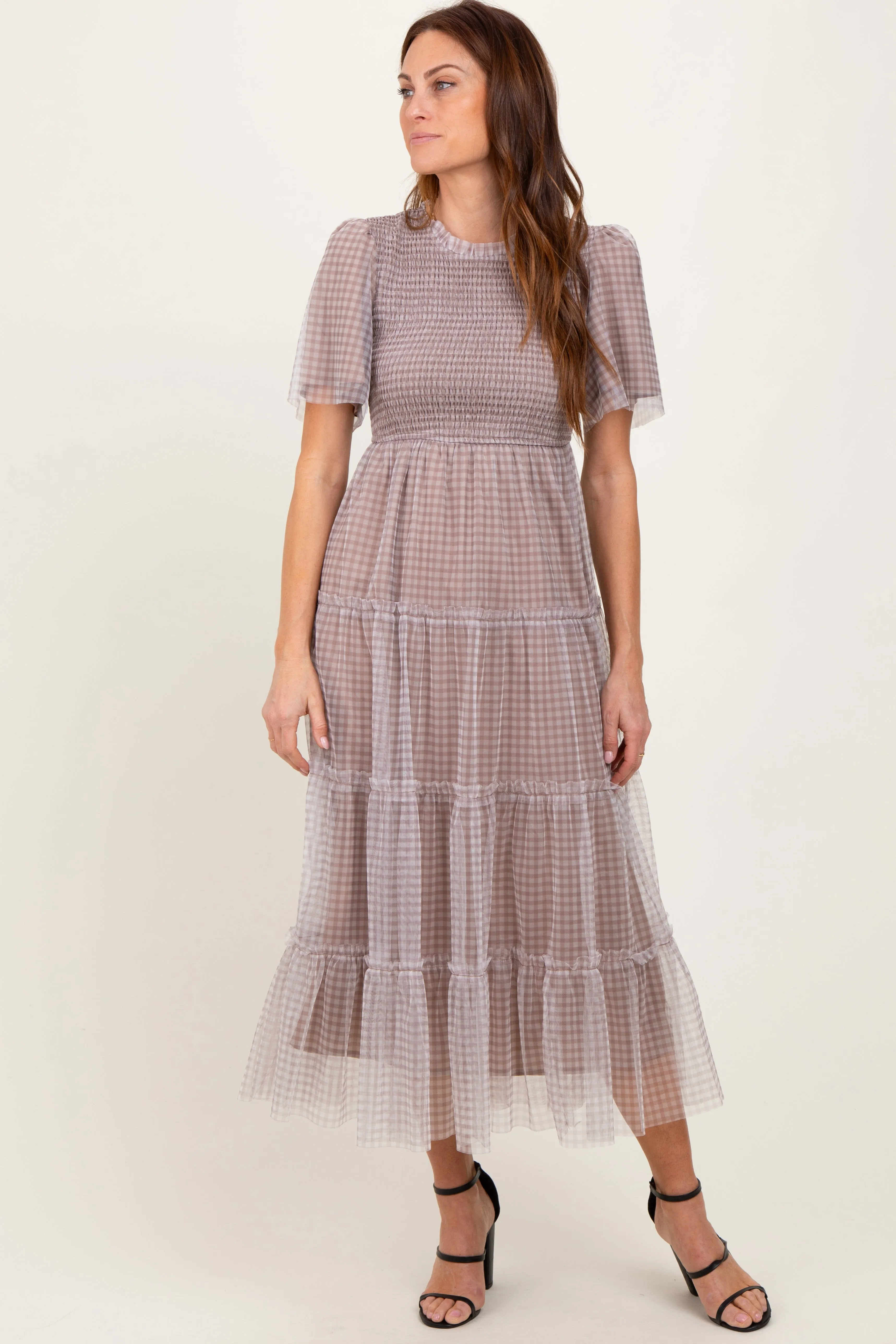 Grey Gingham Mesh Tiered Midi Dress sold by Pinkblush product image thumbnail 2