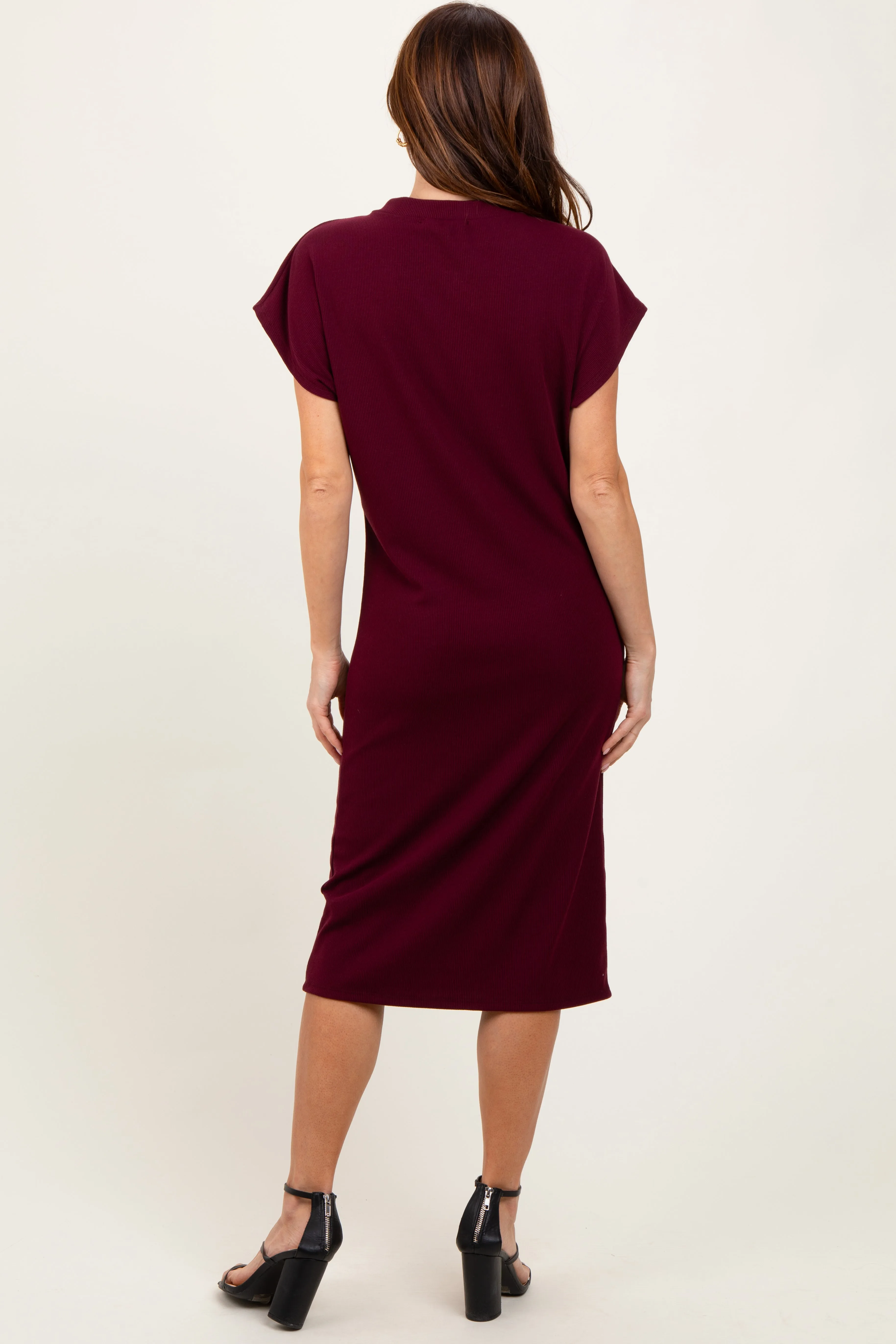 Burgundy Solid Ribbed Short Sleeve Button Down Knit Midi Dress sold by Pinkblush product image thumbnail 4