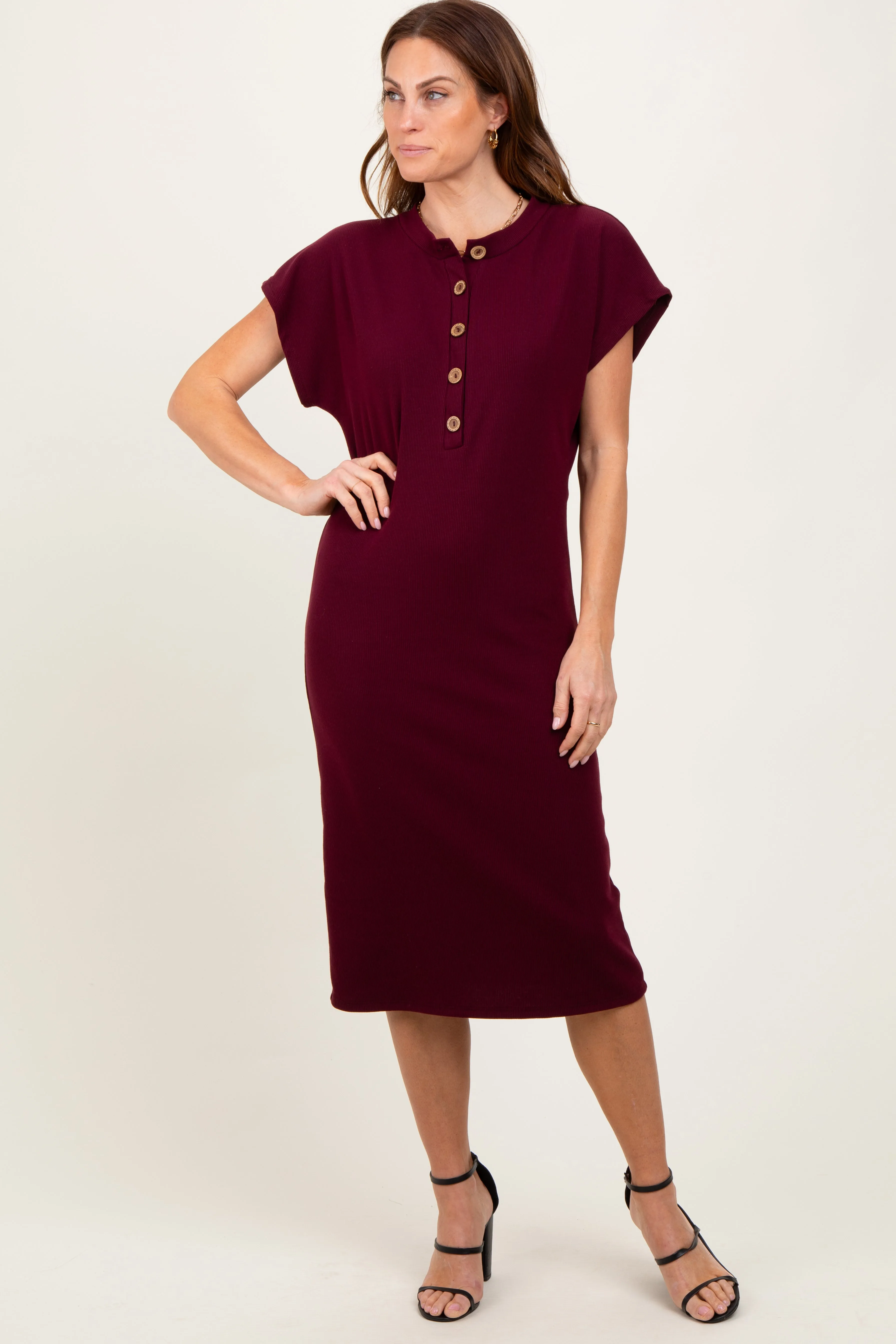 Burgundy Solid Ribbed Short Sleeve Button Down Knit Midi Dress sold by Pinkblush