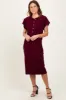 Burgundy Solid Ribbed Short Sleeve Button Down Knit Midi Dress sold by Pinkblush