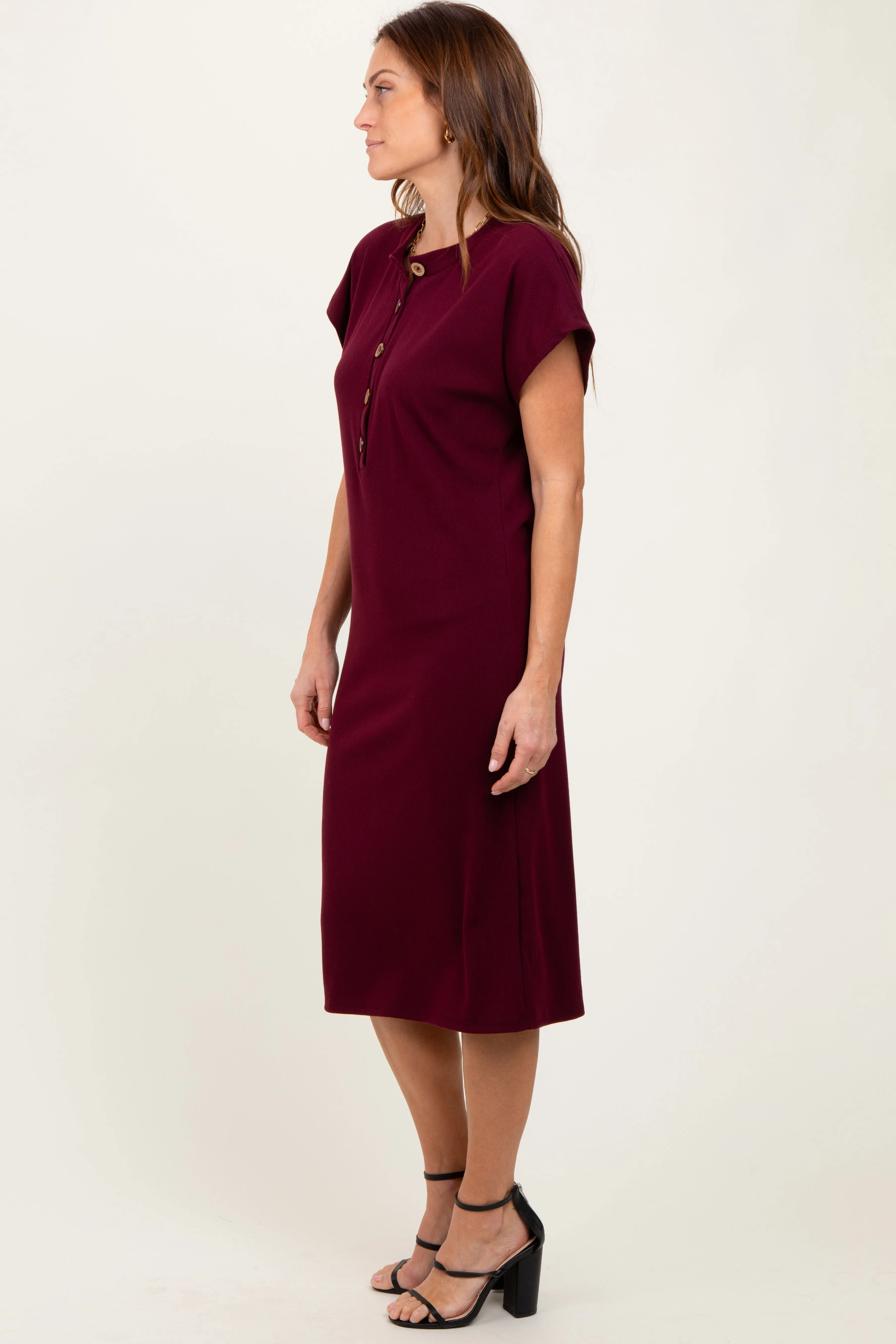 Burgundy Solid Ribbed Short Sleeve Button Down Knit Midi Dress sold by Pinkblush product image thumbnail 3