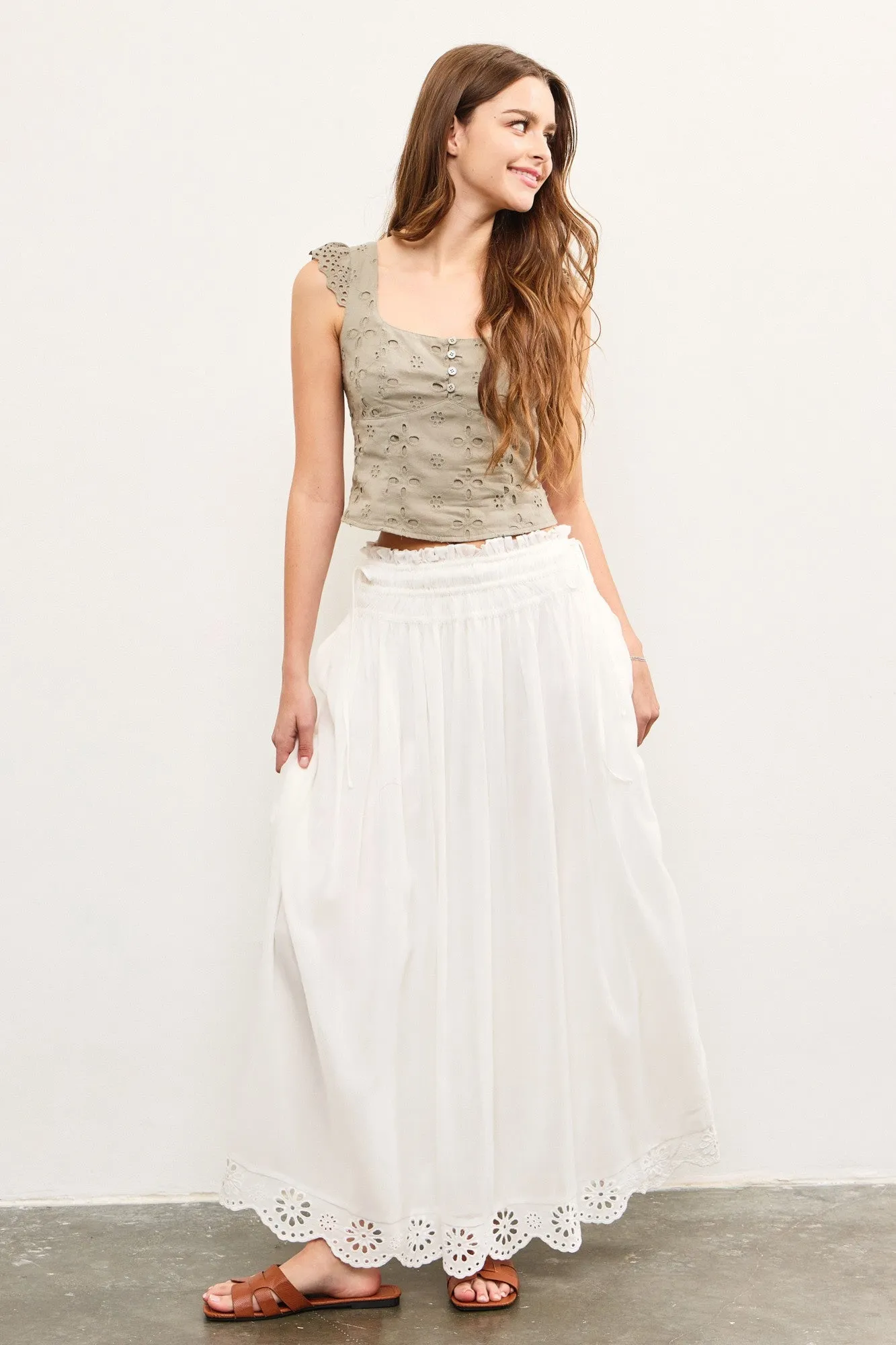 White Smocked Waist Eyelet Lace Hem Maternity Maxi Skirt sold by Pinkblush product image thumbnail 2