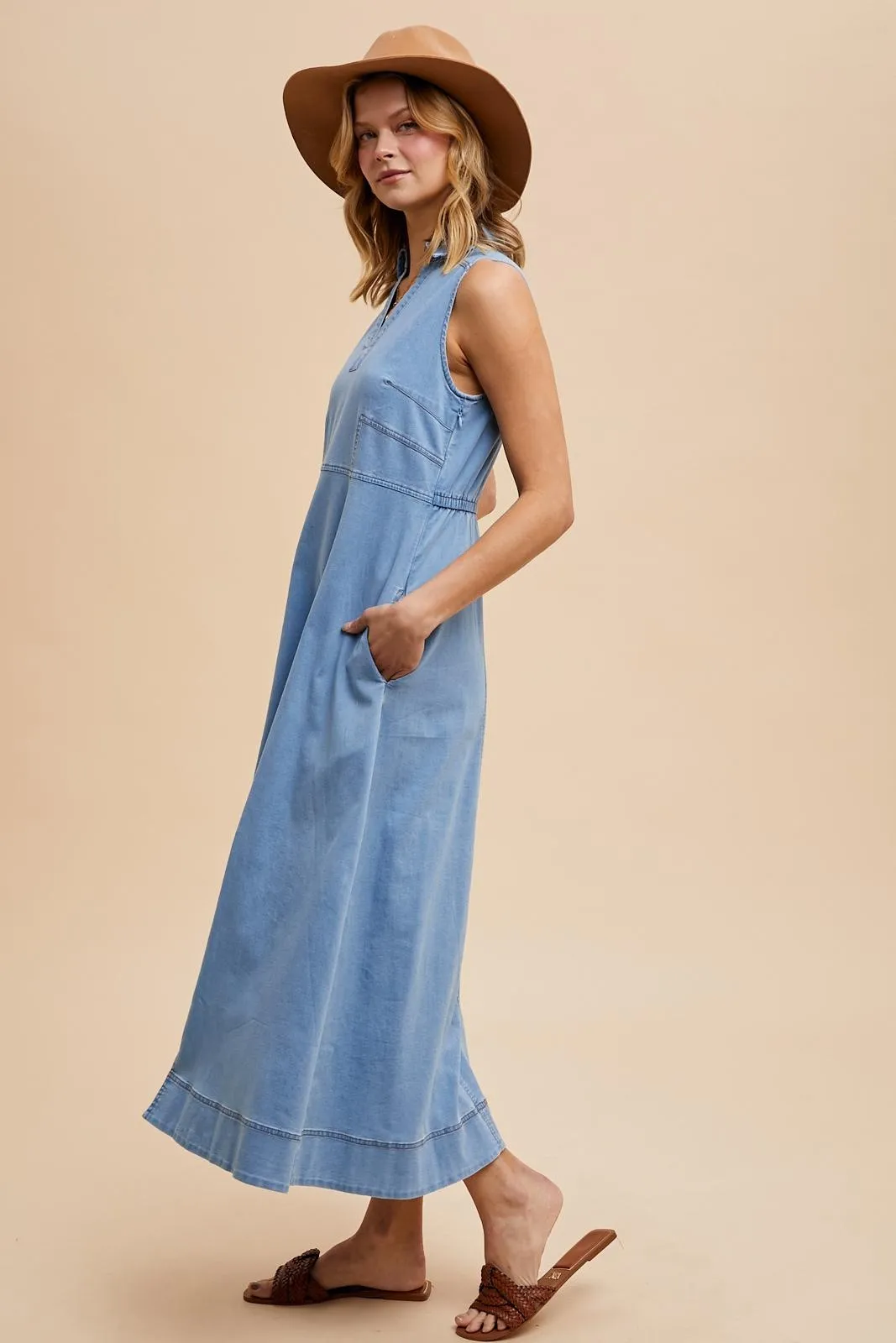 Light Blue Wash Collared Denim Flare Midi Dress sold by Pinkblush product image thumbnail 3