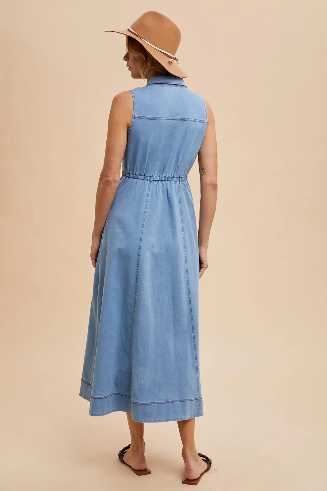 Light Blue Wash Collared Denim Flare Midi Dress sold by Pinkblush product image thumbnail 4