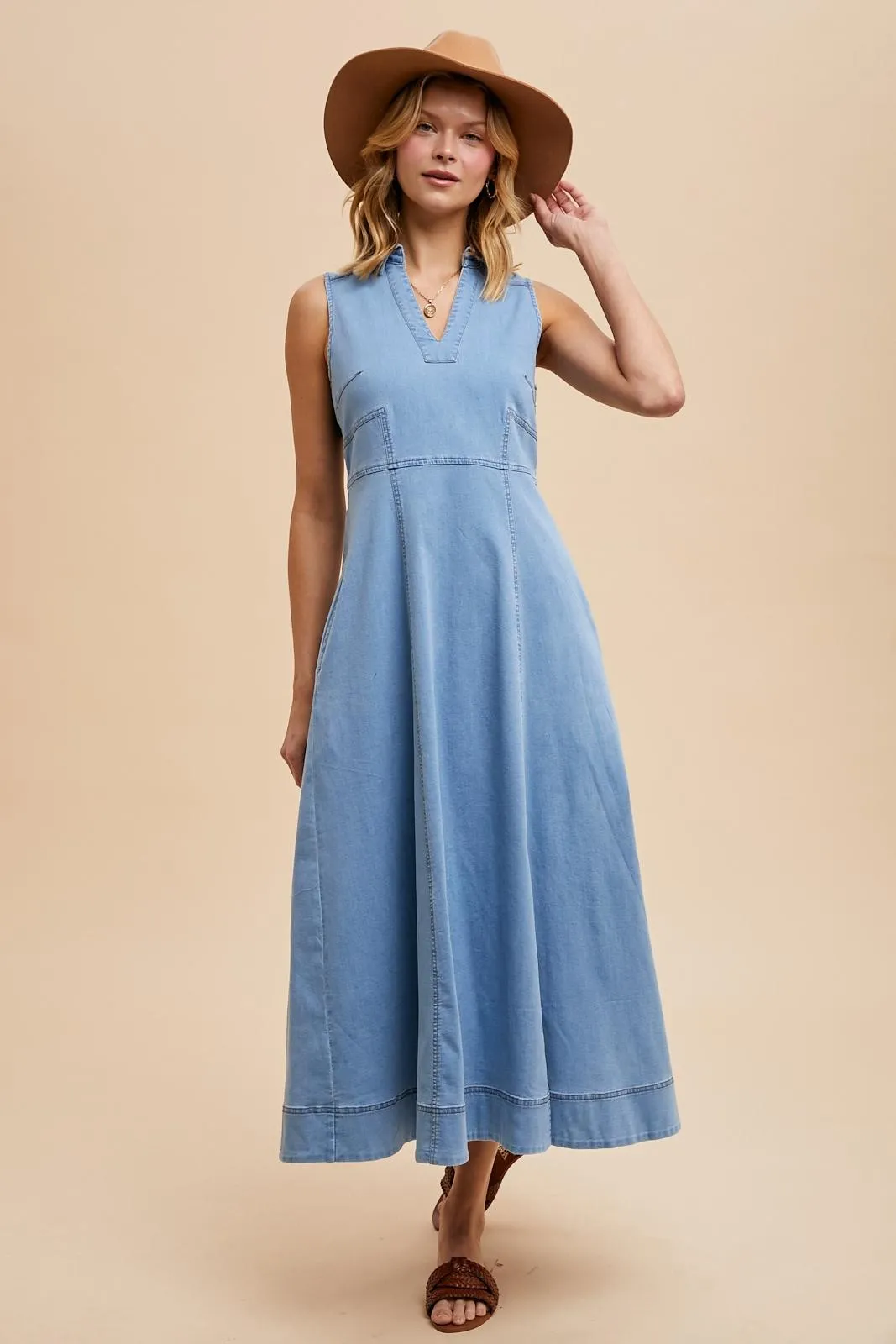 Light Blue Wash Collared Denim Flare Midi Dress sold by Pinkblush