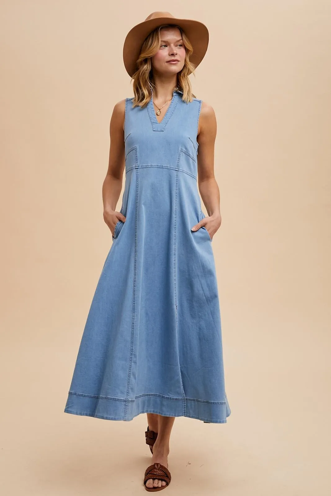 Light Blue Wash Collared Denim Flare Midi Dress sold by Pinkblush product image thumbnail 2
