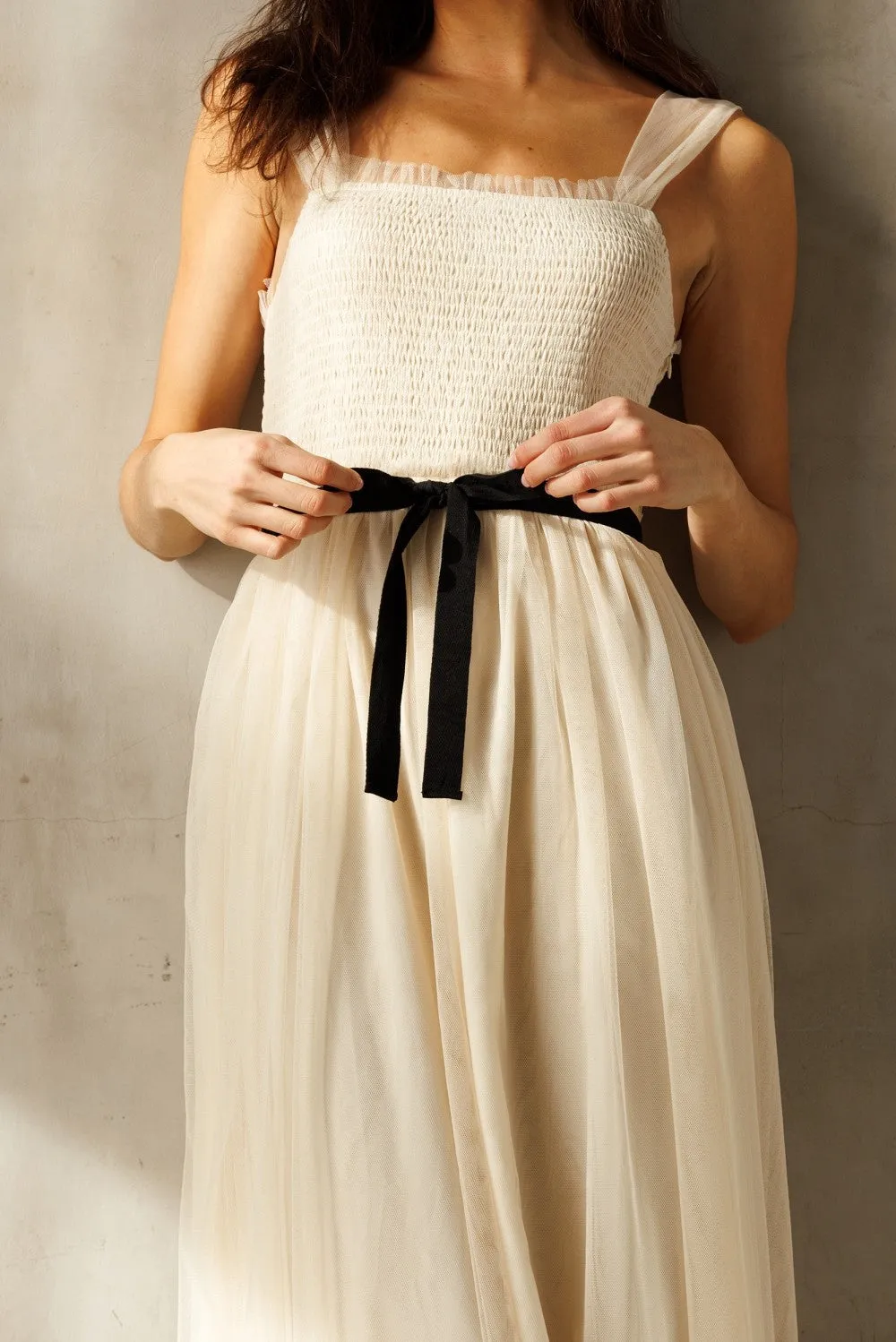 Cream Smocked Contrast Sash Ruffle Tulle Midi Dress sold by Pinkblush product image thumbnail 5
