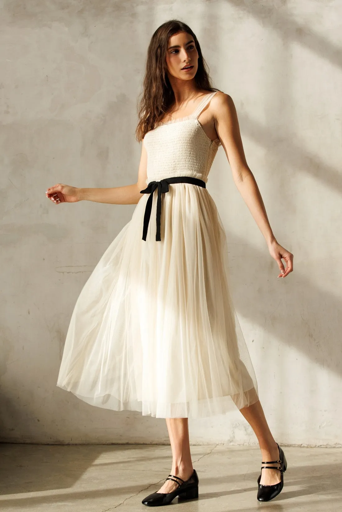 Cream Smocked Contrast Sash Ruffle Tulle Midi Dress sold by Pinkblush product image thumbnail 3