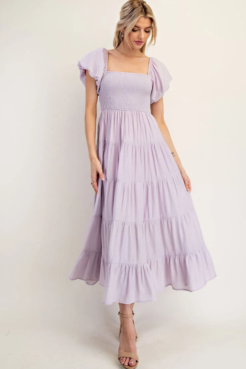 Lavender Smocked Puff Sleeve Tiered Maxi Dress sold by Pinkblush product image thumbnail 2