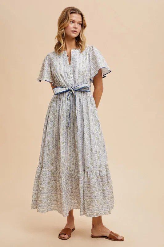 Blue Floral Flutter Sleeve Waist Tie Maxi Dress sold by Pinkblush