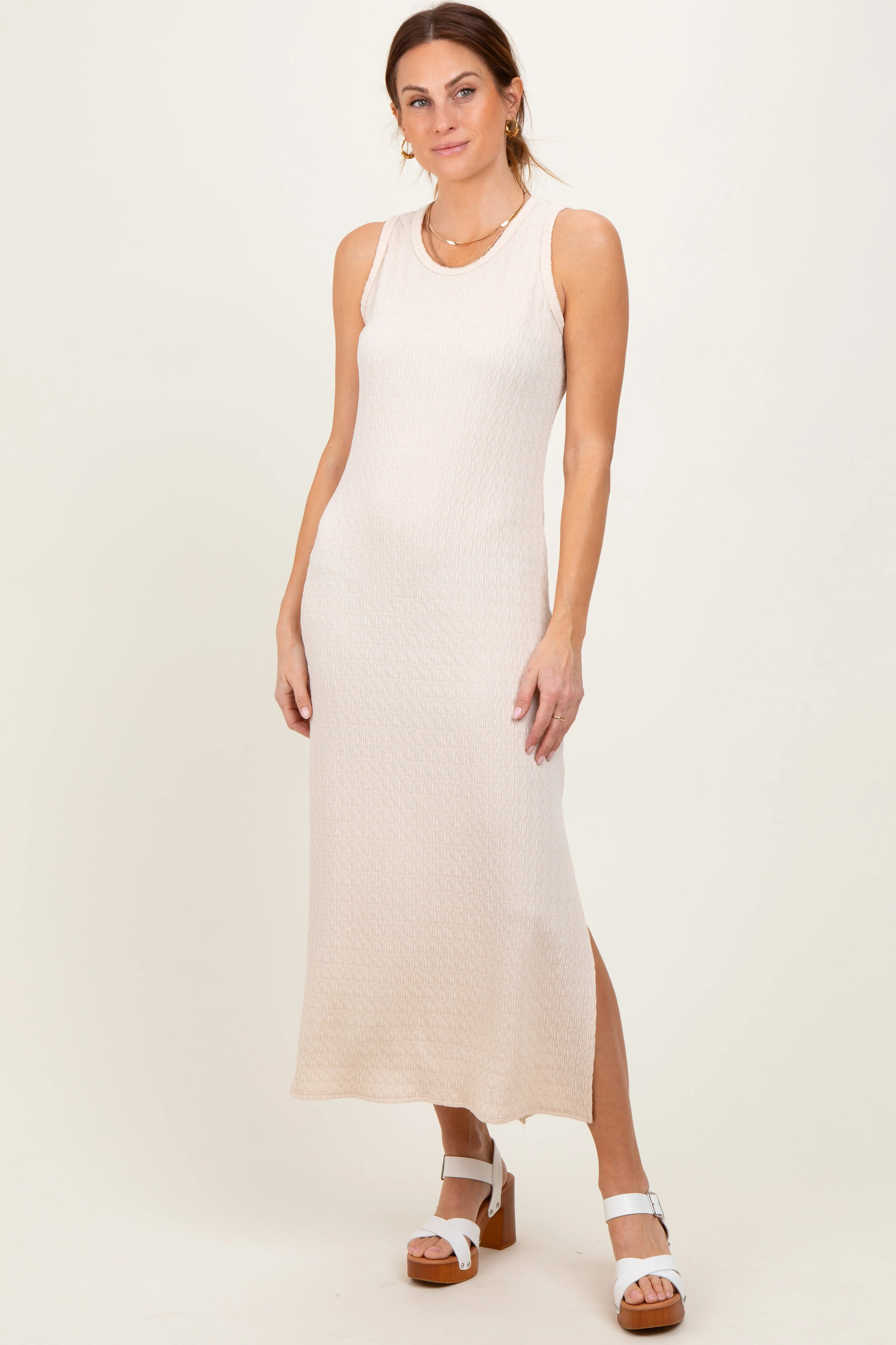 Cream Jacquard Sleeveless Side Slit Midi Dress sold by Pinkblush product image thumbnail 2