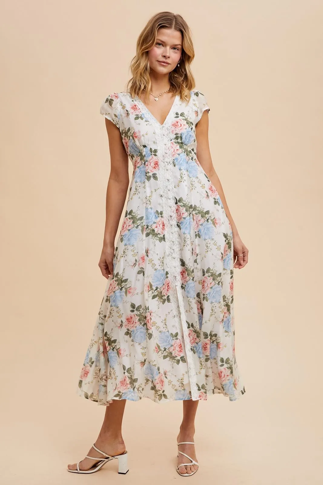 Ivory Garden Floral Lace Trim Button Down Midi Dress sold by Pinkblush product image thumbnail 2