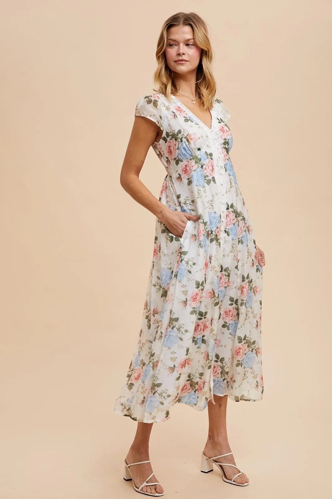 Ivory Garden Floral Lace Trim Button Down Midi Dress sold by Pinkblush product image thumbnail 3
