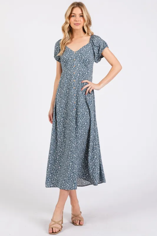 Teal Floral V-Neck Button Front Midi Dress sold by Pinkblush