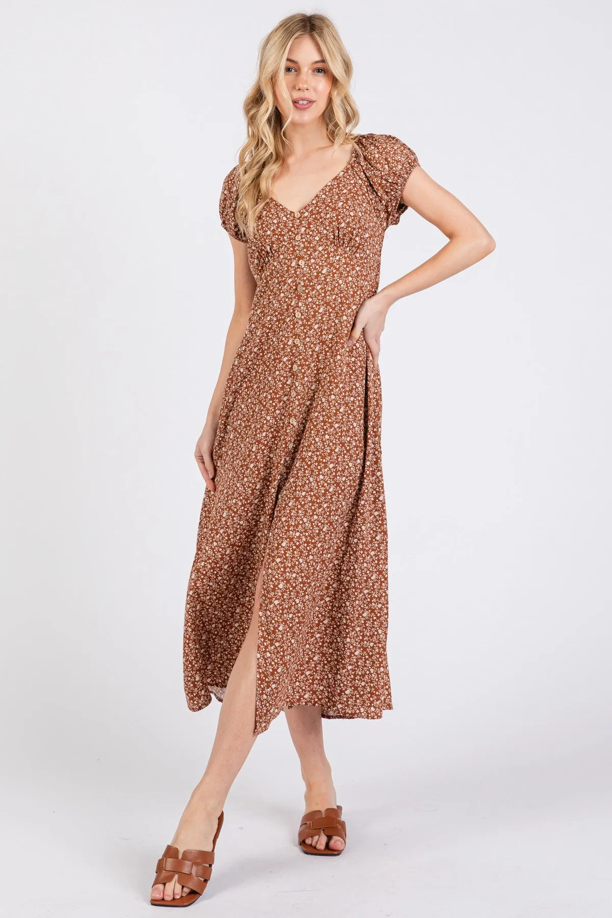 Rust Floral V-Neck Button Front Midi Dress sold by Pinkblush