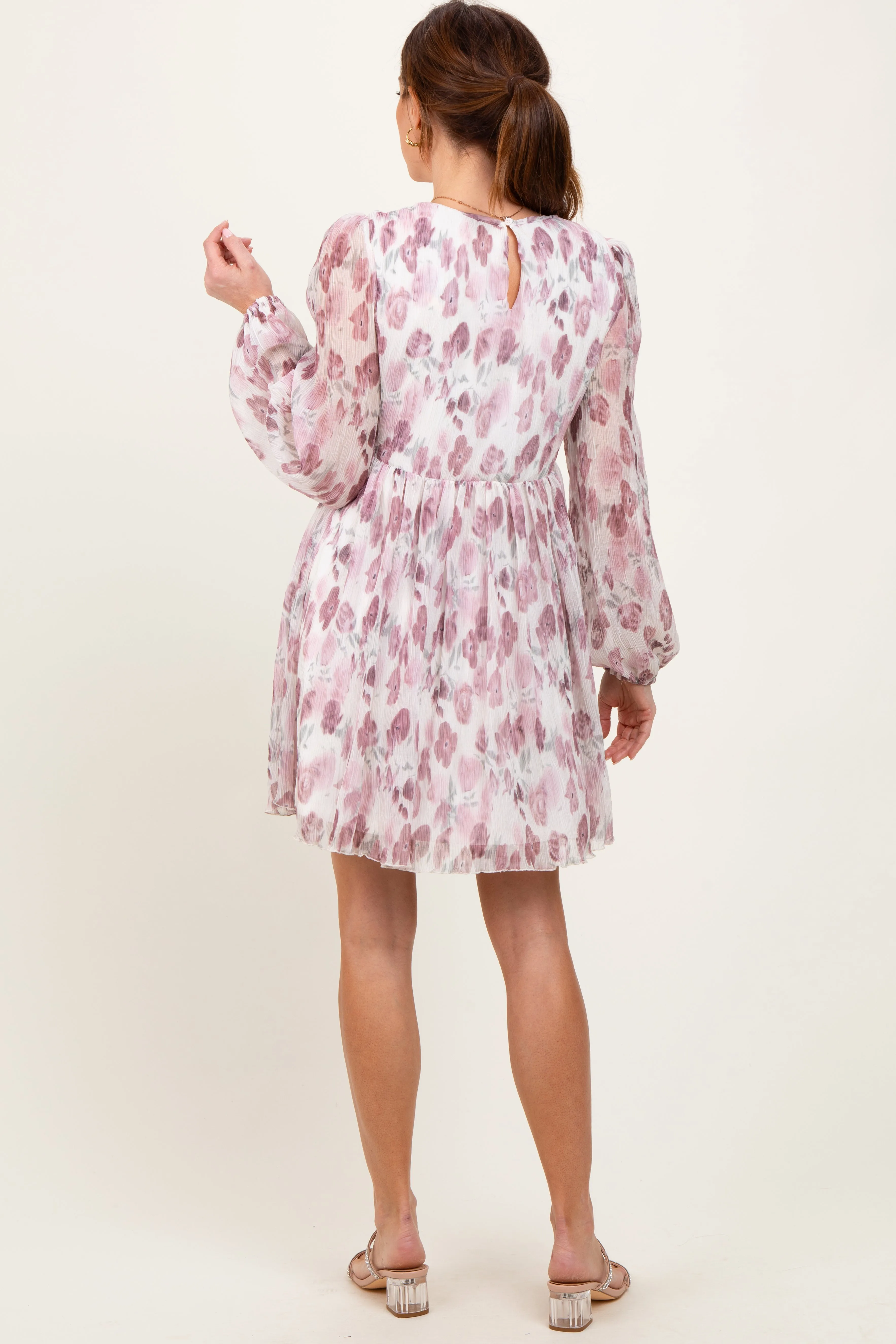 Cream Floral Chiffon Plisse Mini Dress sold by Pinkblush product image thumbnail 4