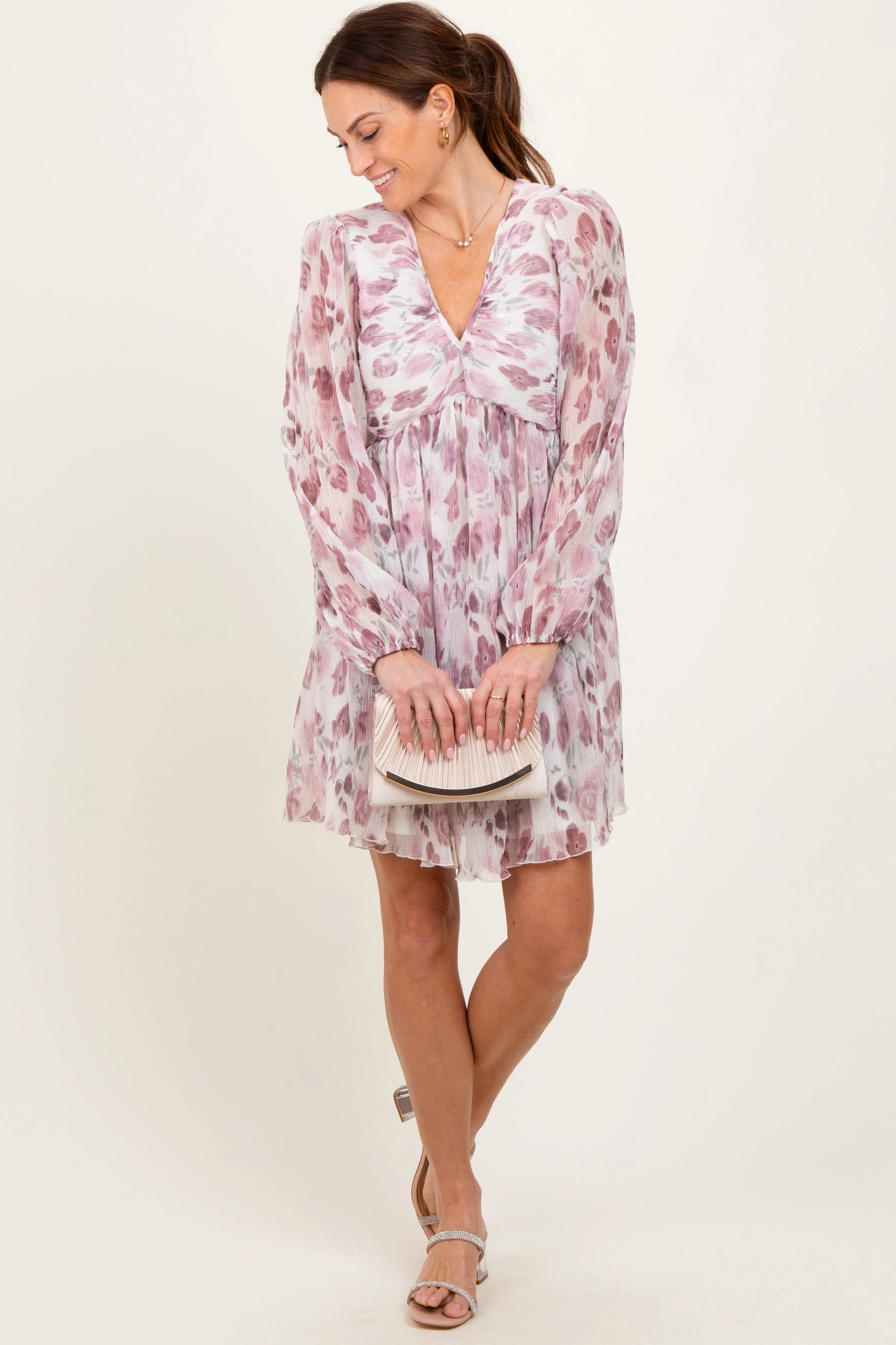 Cream Floral Chiffon Plisse Mini Dress sold by Pinkblush product image thumbnail 2