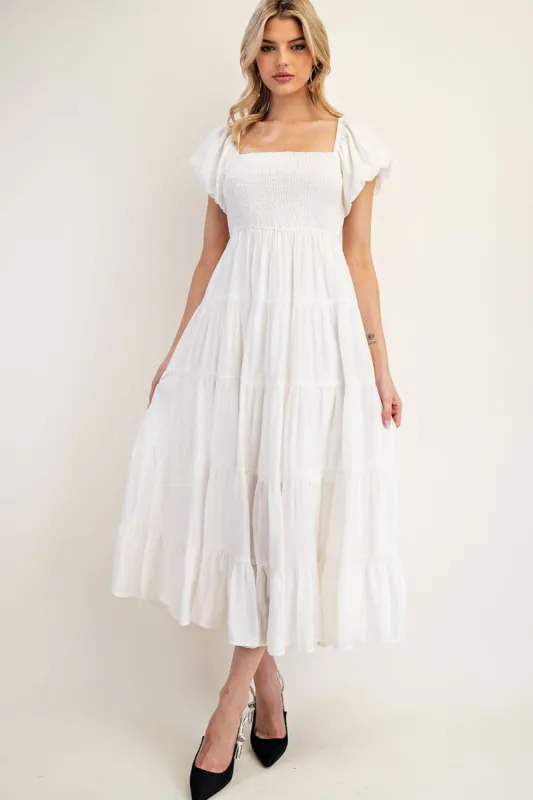 White Smocked Puff Sleeve Tiered Maxi Dress sold by Pinkblush