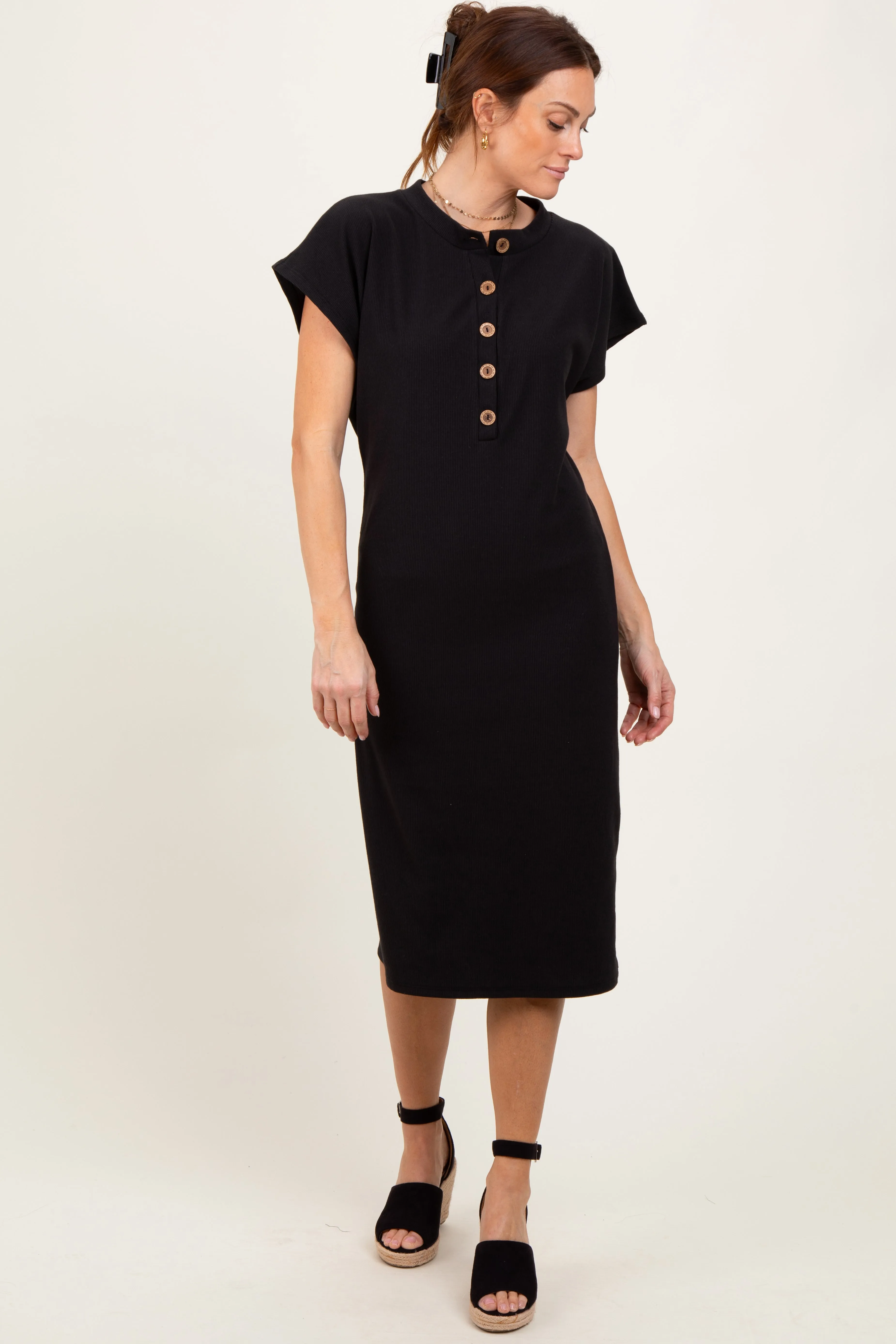 Black Solid Ribbed Short Sleeve Button Down Knit Midi Dress sold by Pinkblush product image thumbnail 2