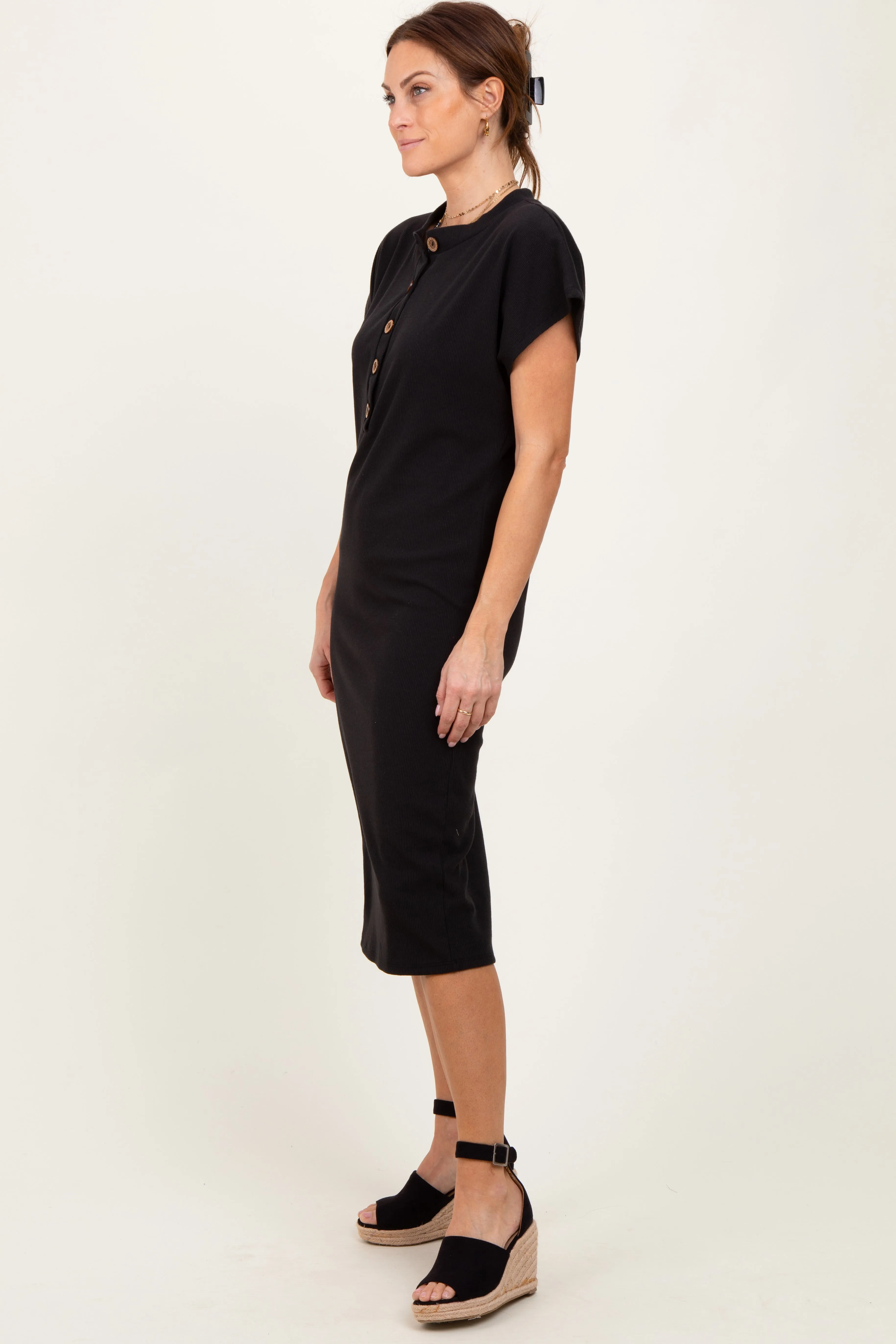 Black Solid Ribbed Short Sleeve Button Down Knit Midi Dress sold by Pinkblush product image thumbnail 3