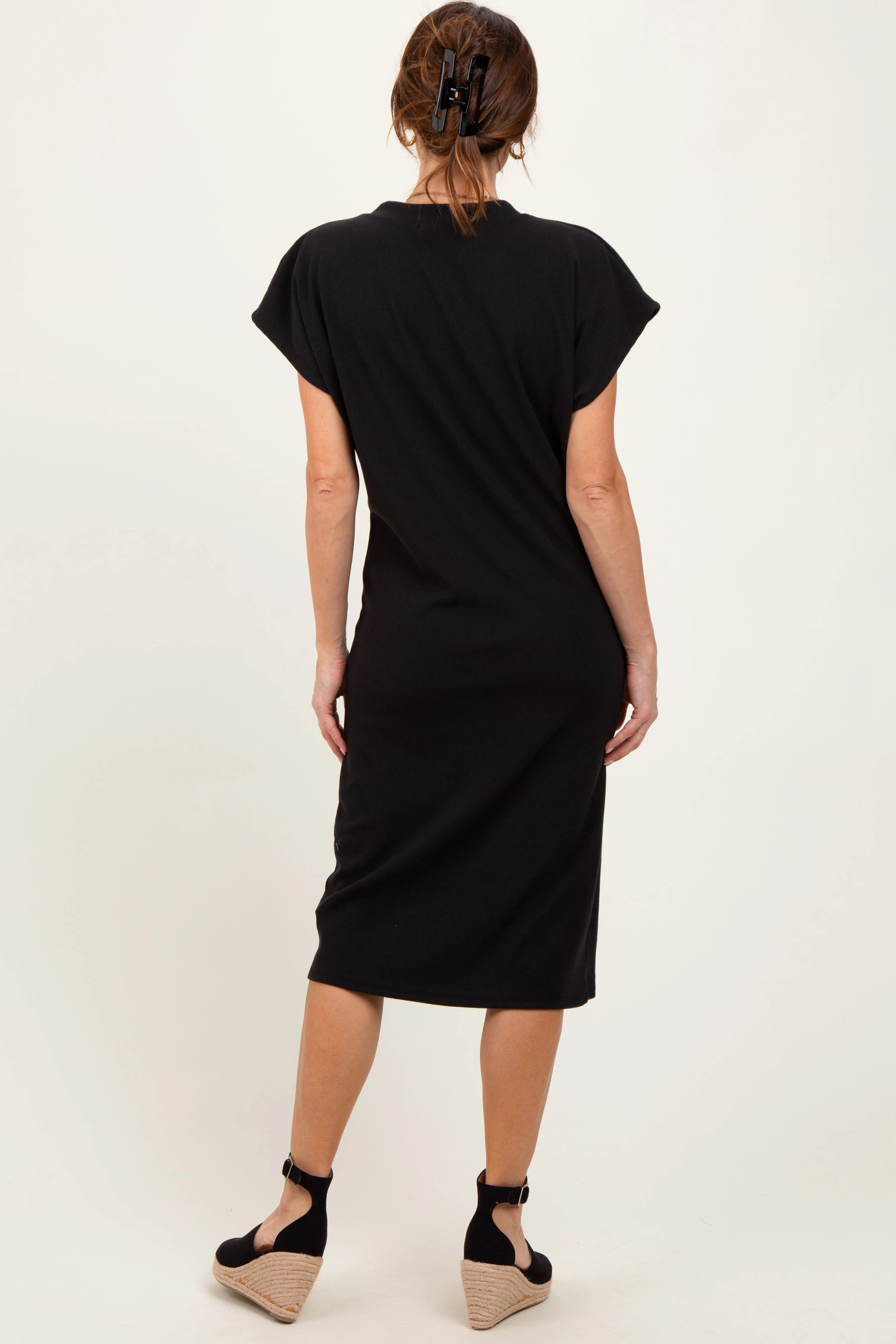 Black Solid Ribbed Short Sleeve Button Down Knit Midi Dress sold by Pinkblush product image thumbnail 4