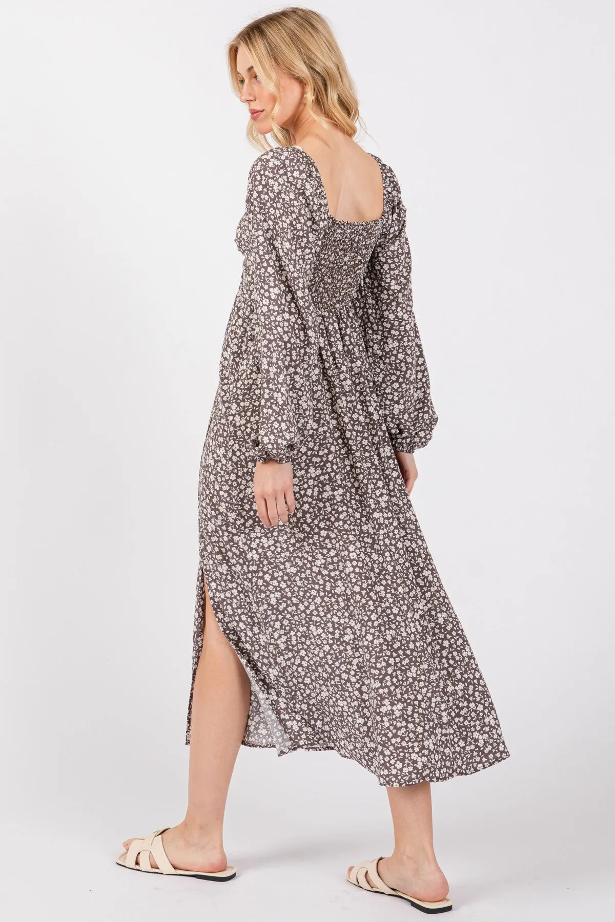 Mocha Floral Twist Front Long Sleeve Midi Dress sold by Pinkblush product image thumbnail 4