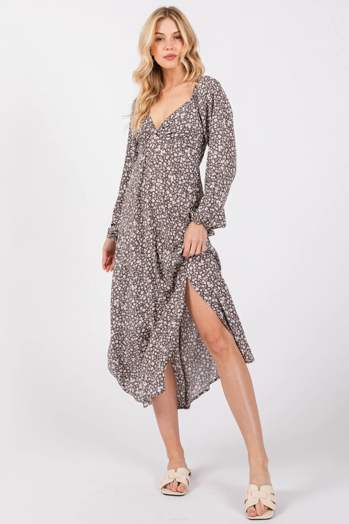 Mocha Floral Twist Front Long Sleeve Midi Dress sold by Pinkblush
