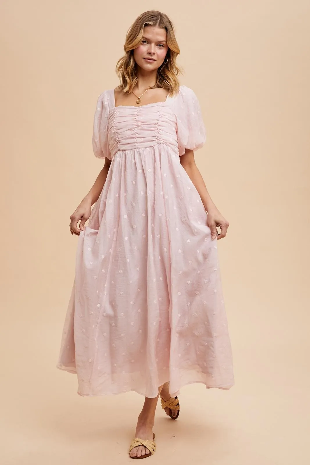 Light Pink Embroidered Shirred Puff Sleeve Maxi Dress sold by Pinkblush product image thumbnail 3
