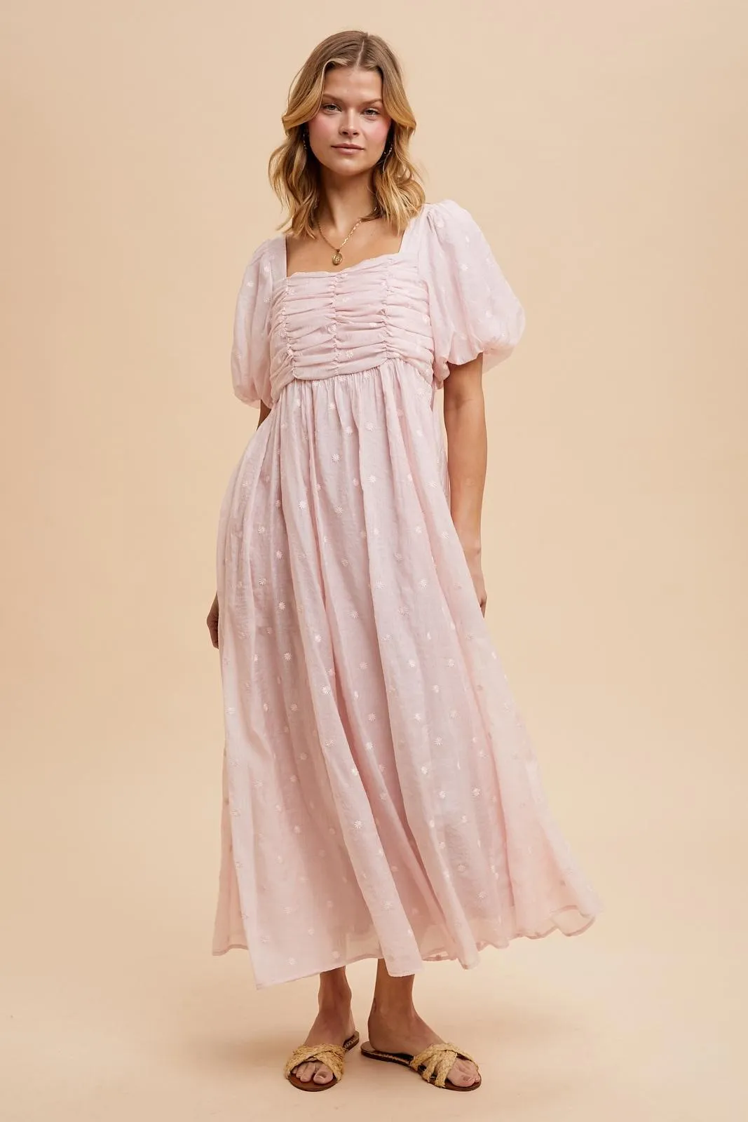 Light Pink Embroidered Shirred Puff Sleeve Maxi Dress sold by Pinkblush product image thumbnail 4