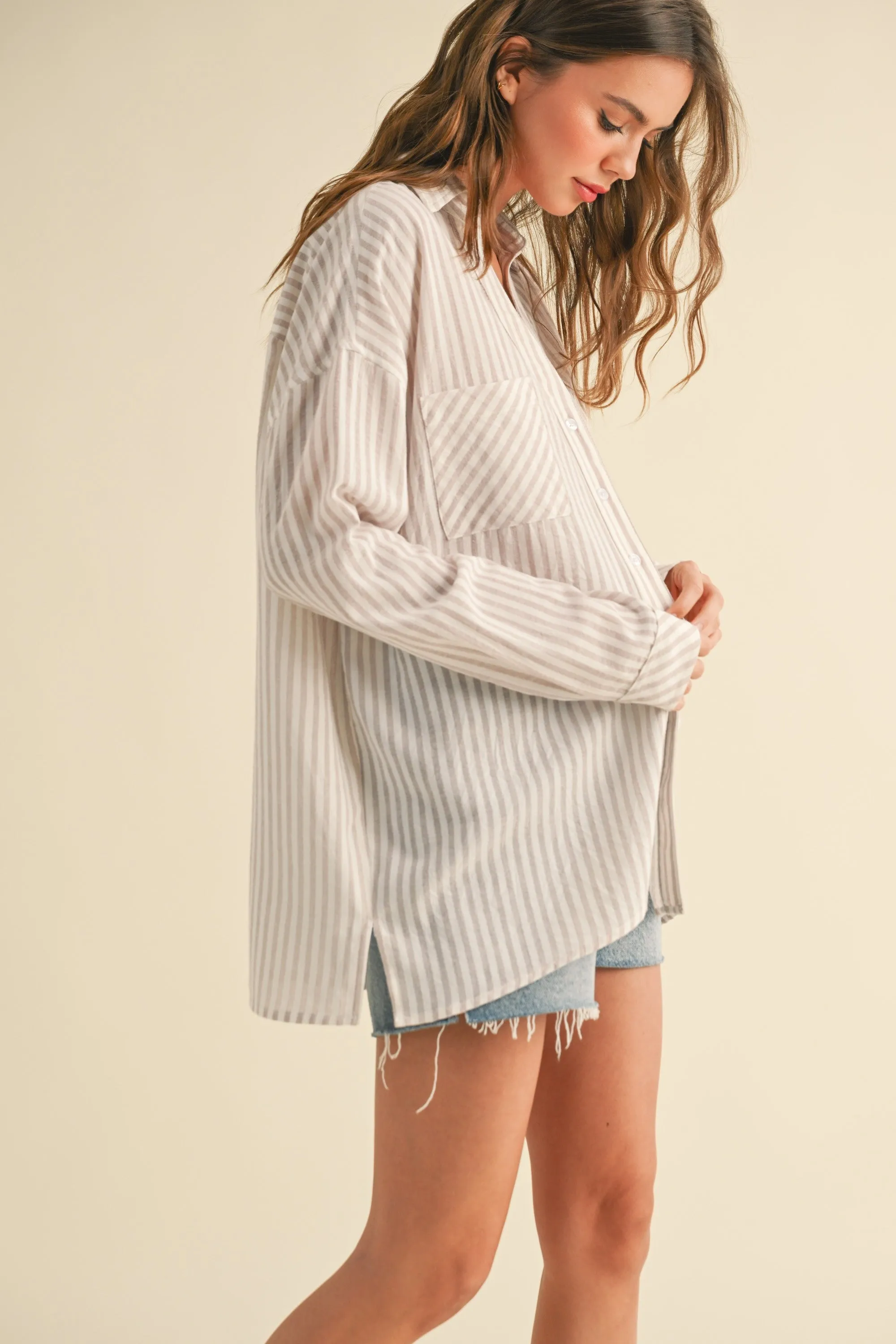 Beige Striped Double Pocket Button Down Top sold by Pinkblush product image thumbnail 3