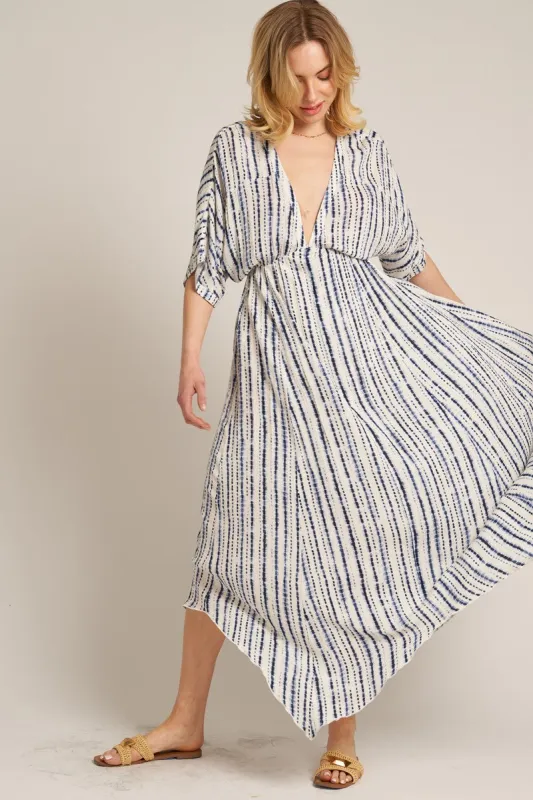 Navy Printed Deep V-Neck Midi Dress sold by Pinkblush