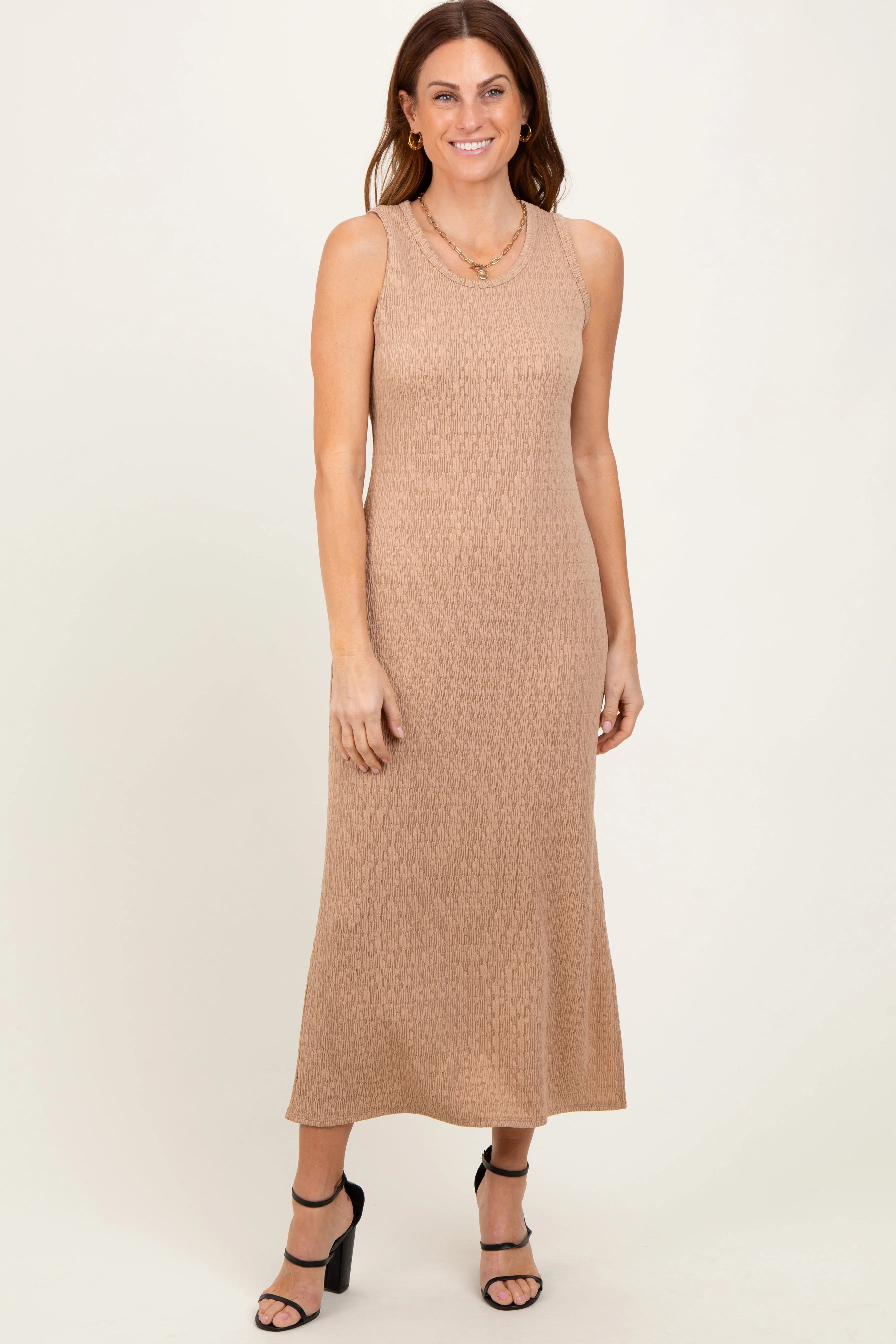 Light Taupe Jacquard Sleeveless Side Slit Midi Dress sold by Pinkblush