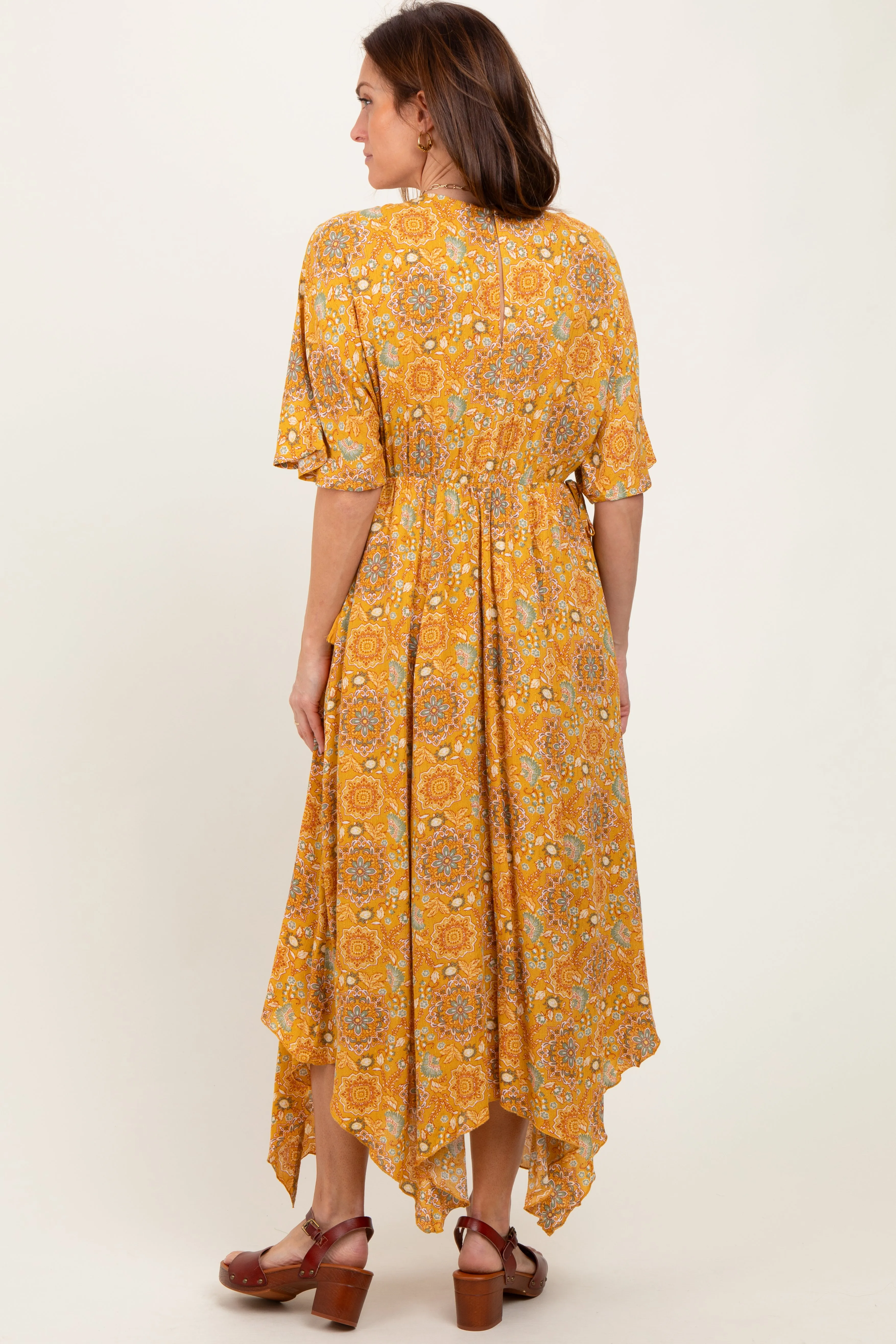 Yellow Printed Deep V-Neck Handkerchief Hem Maxi Dress sold by Pinkblush product image thumbnail 4