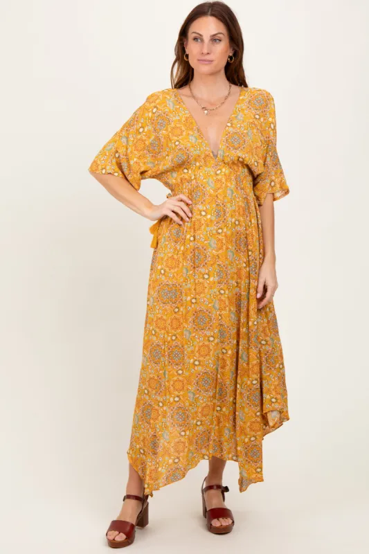Yellow Printed Deep V-Neck Handkerchief Hem Maxi Dress sold by Pinkblush